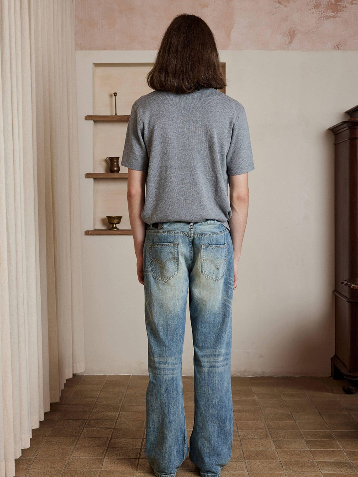 4JUNKS Washed 100% Cotton Mid Rise Loose Wide Straight Casual Denim Straight Leg Jeans