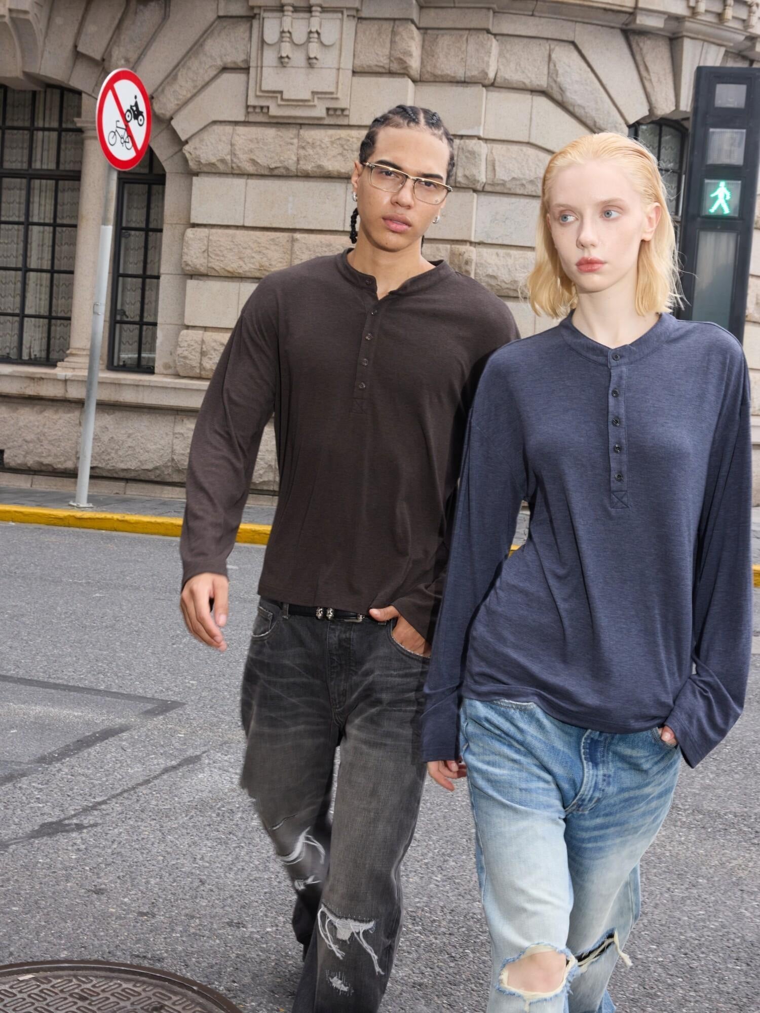VLABMADE Wrinkle Free Lyocell Wool Relaxed Henley Unisex Citywalk Long Sleeve T-Shirts