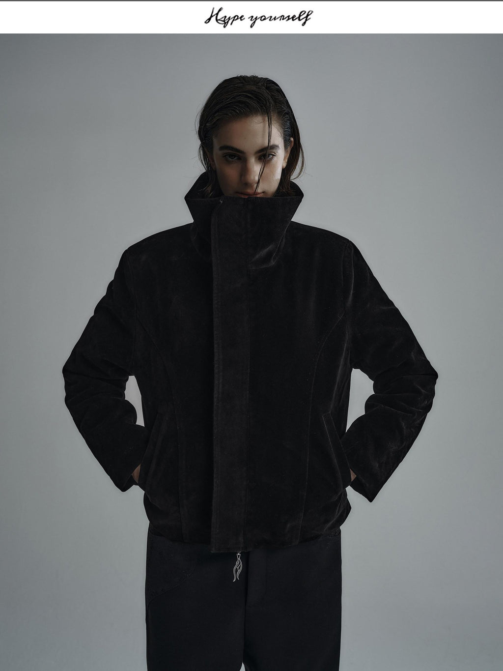 Hypeyourself Embroidered Suede High Collar Thick Unisex Minimal Black Leather Jackets