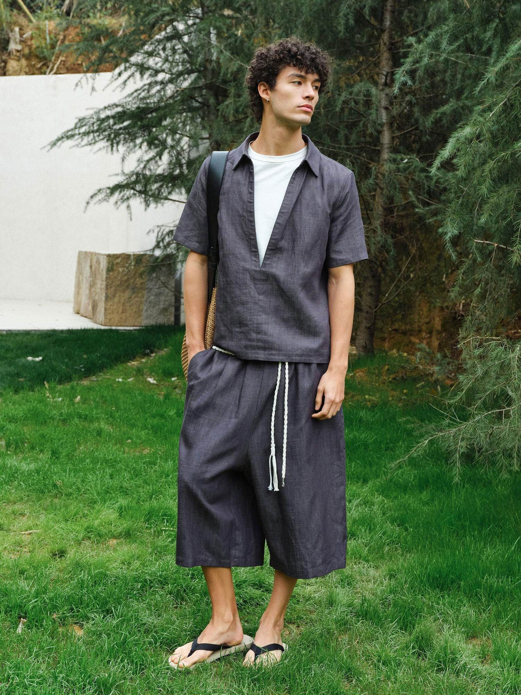 VLABMADE Breathable Lyocell Blend Loose Drawstring Elastic Waist Unisex Blue Linen Shorts