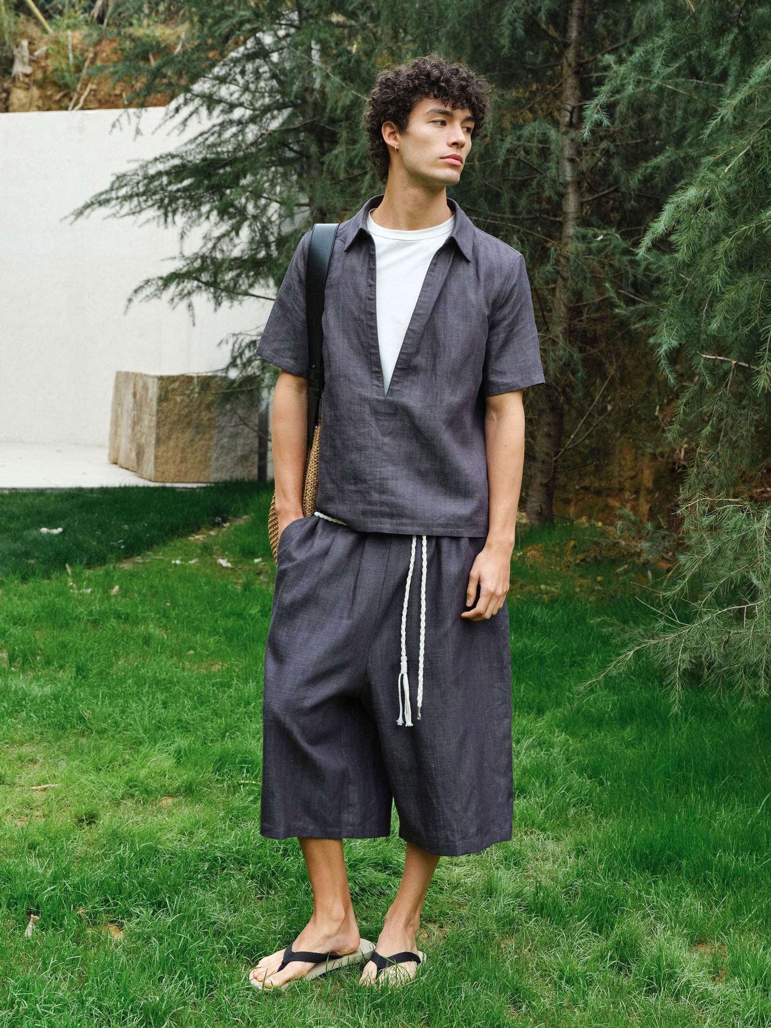 VLABMADE Breathable Lyocell Blend Loose Drawstring Elastic Waist Unisex Blue Linen Shorts