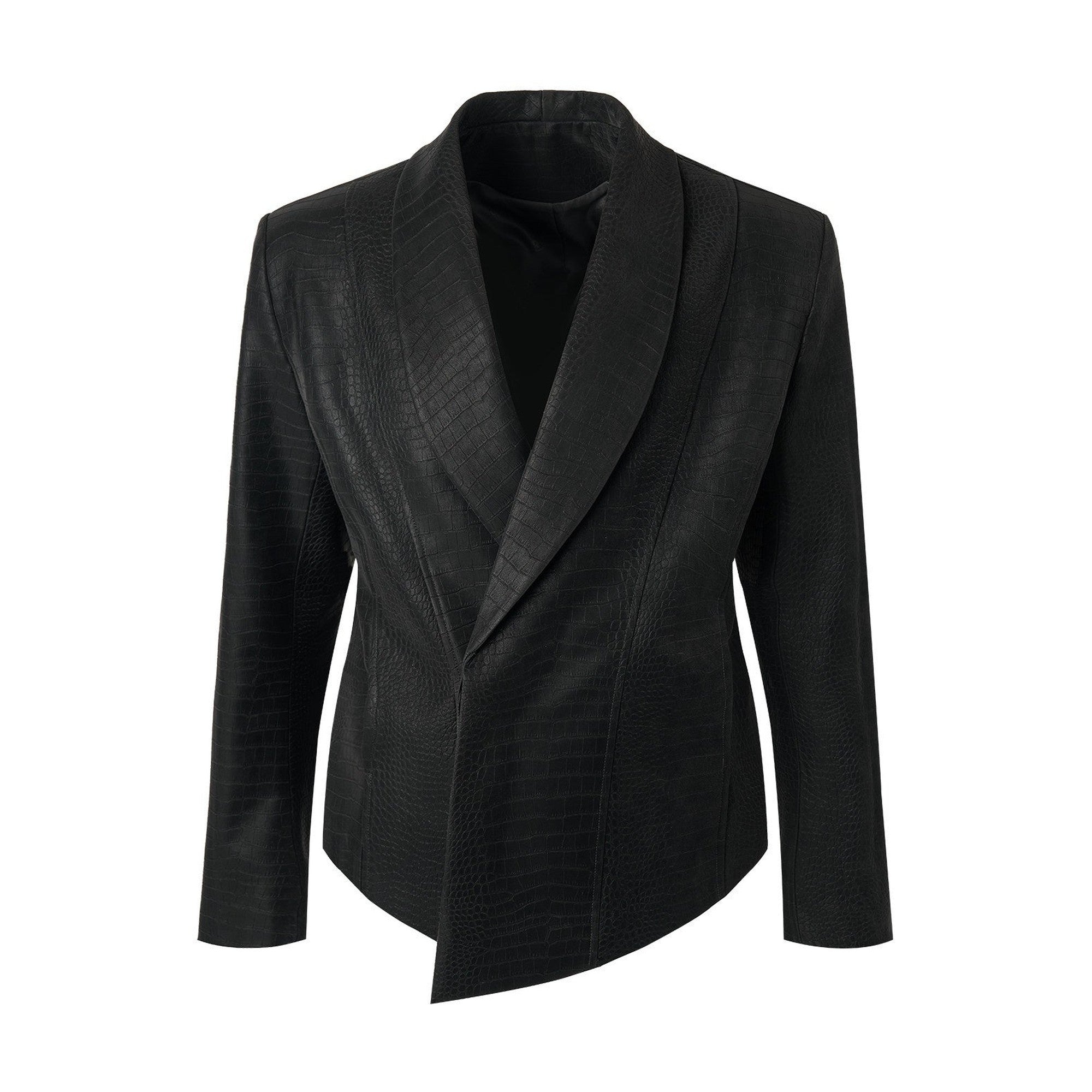 Faux Pu Croc Slim Single Breasted Urban Black Band Collar Casual Blazers main image