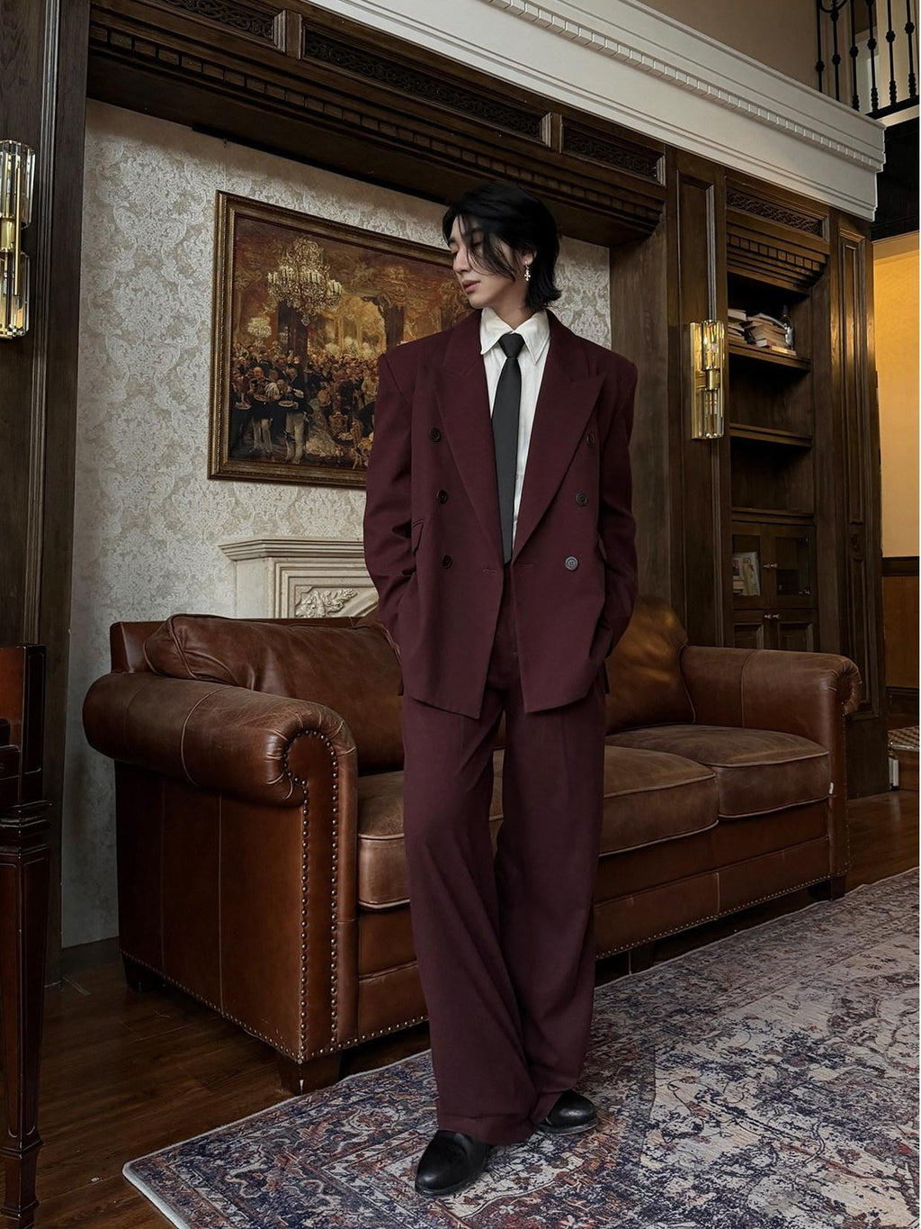 BALITONE Burgundy Black Buttoned Peak Lapel Business Casual Rear Vent Oversized Suits