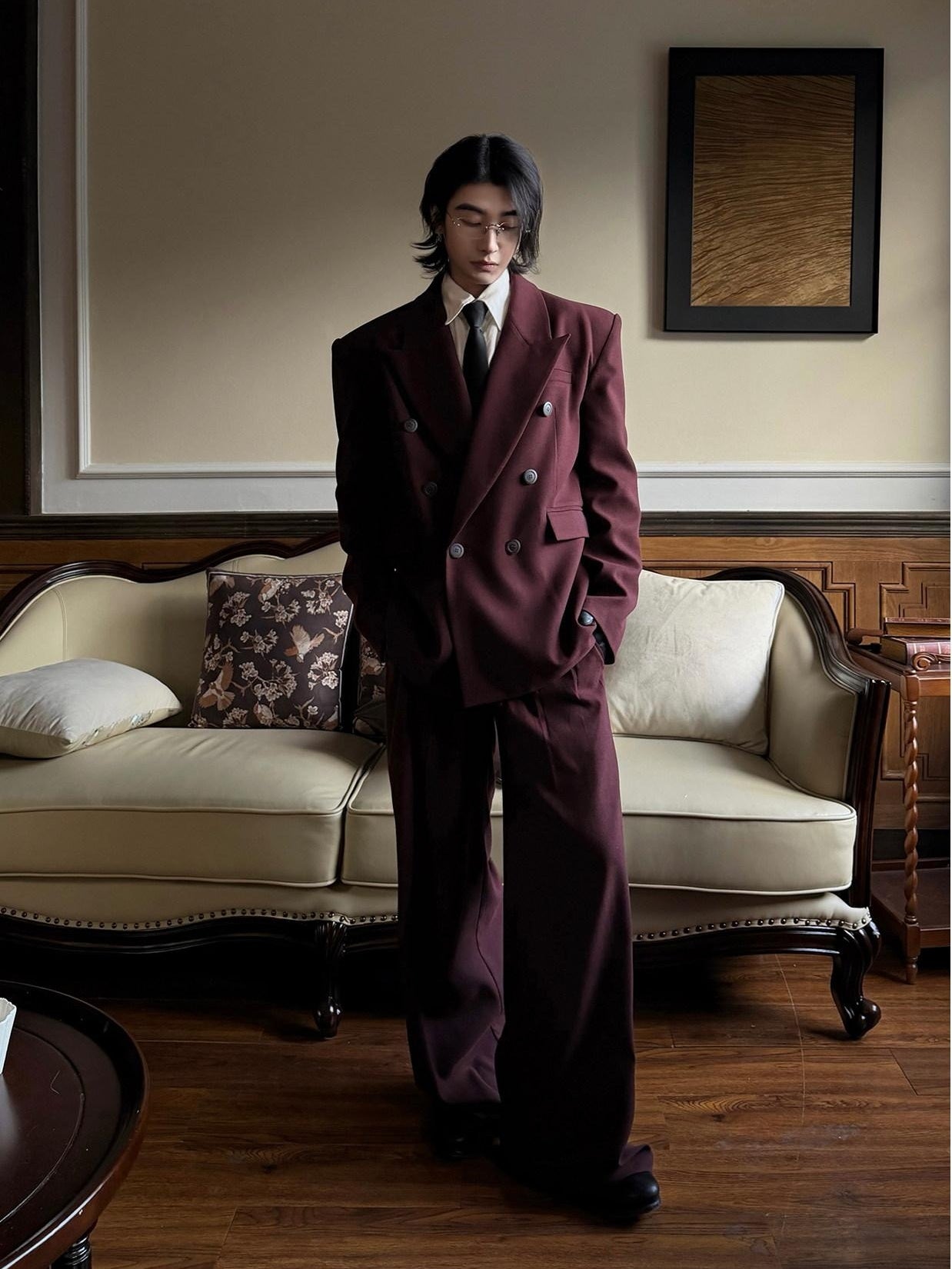 BALITONE Burgundy Black Buttoned Peak Lapel Business Casual Rear Vent Oversized Suits