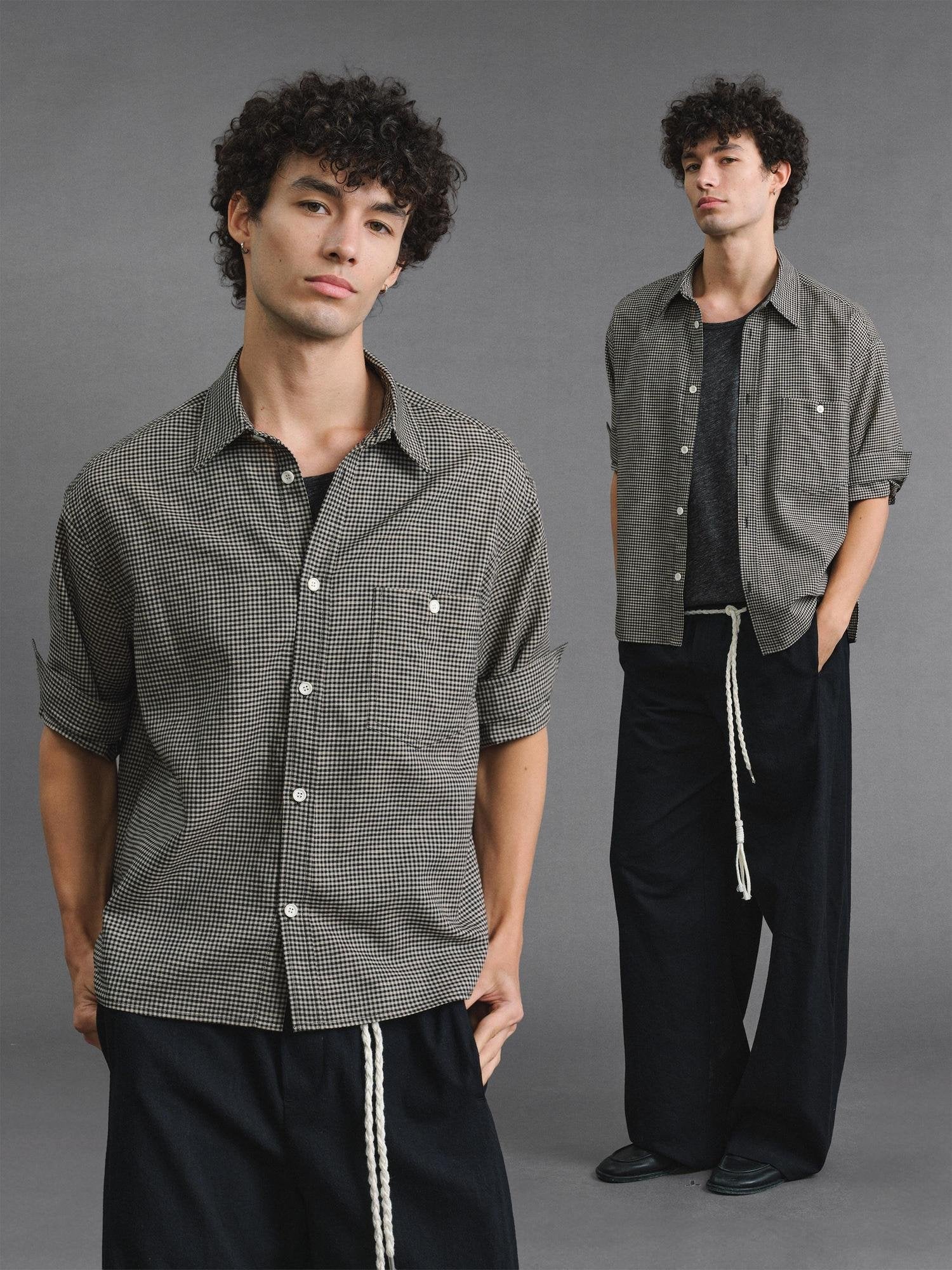 VLABMADE Breathable Hand Pleated Lyocell Blend Houndstooth Unisex Short Sleeve Shirts
