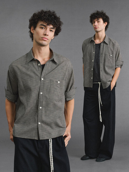 VLABMADE Breathable Hand Pleated Lyocell Blend Houndstooth Unisex Short Sleeve Shirts
