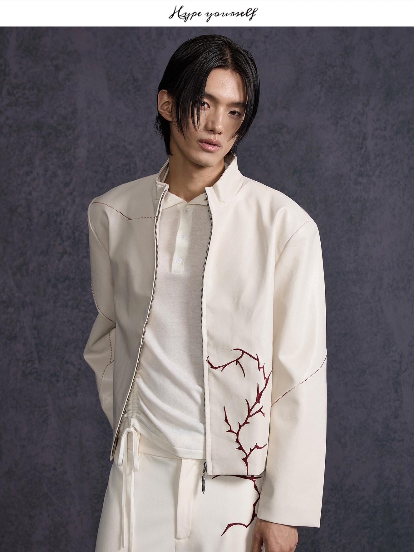 Hypeyourself Embroidered Windproof Faux Leather Cropped Stand Collar Youth Leather Jackets