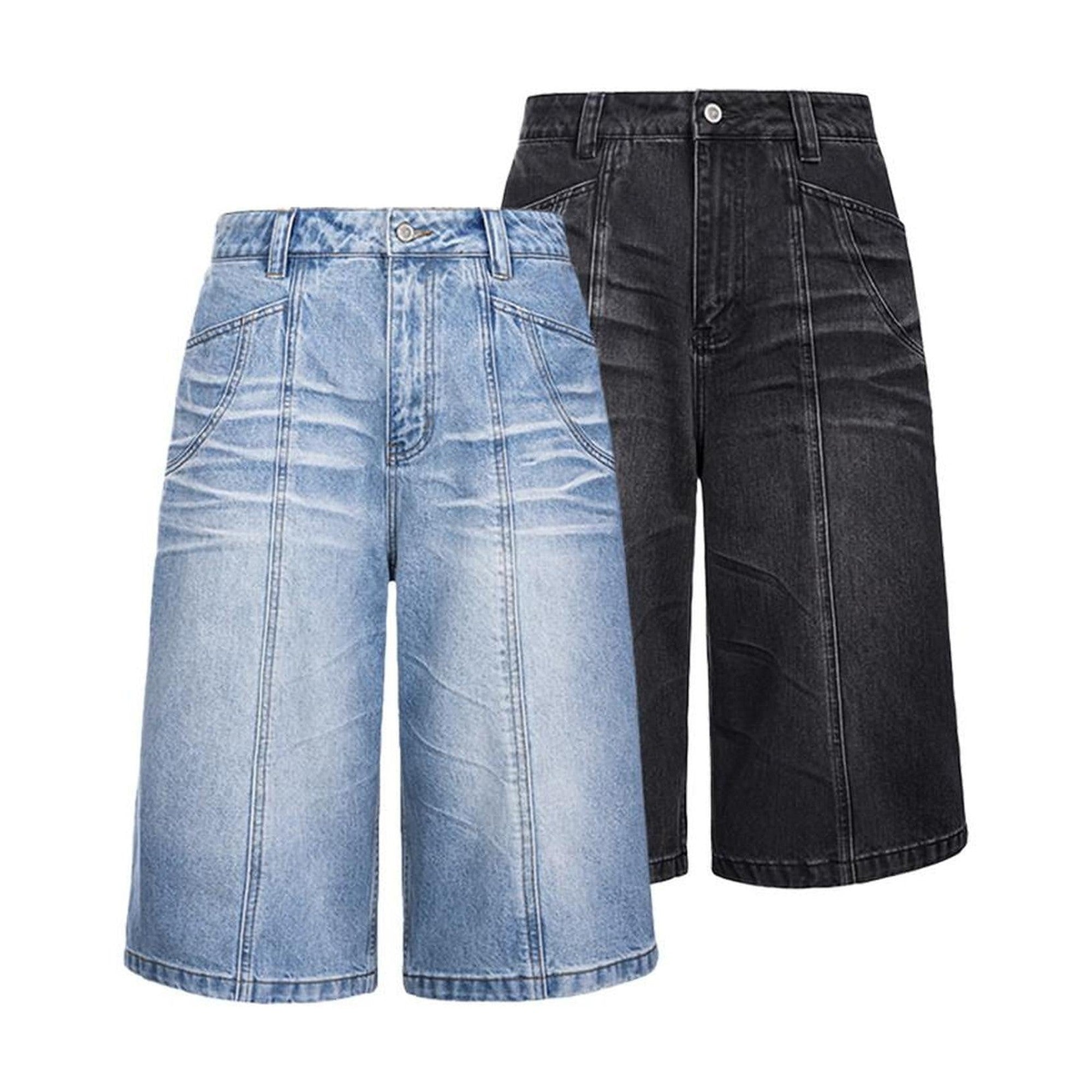 Leg Slimming Mid Rise Straight Zip Fly Trendy Youth Black Blue Denim Shorts main image