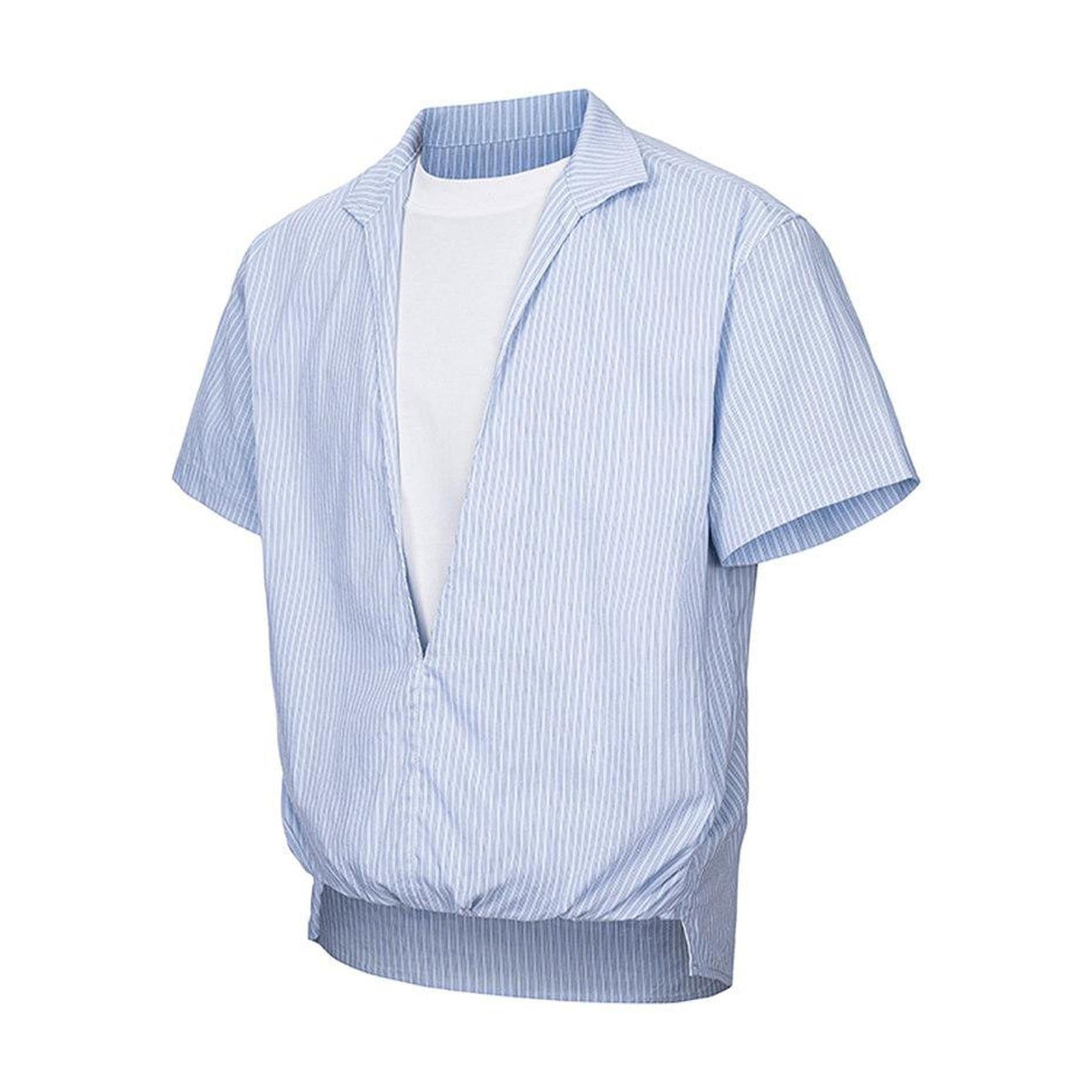 Loose Fit Faux Two Piece V-neck Striped Short Sleeve Unisex Casual Shirts main image