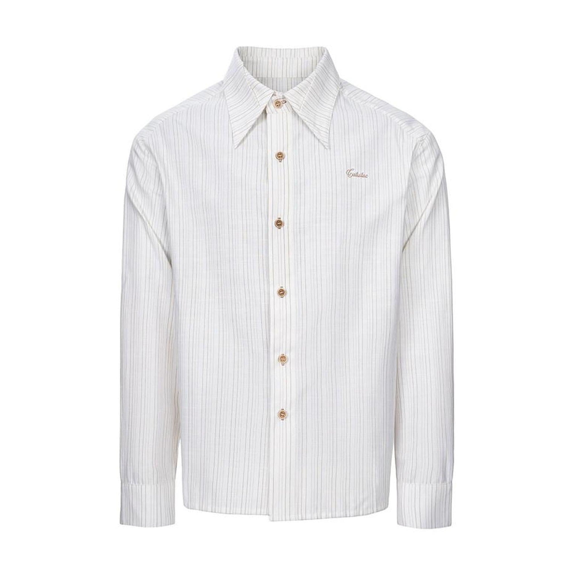 Loose Fit French Collar Long Sleeve Striped Unisex Button White Shirts main image