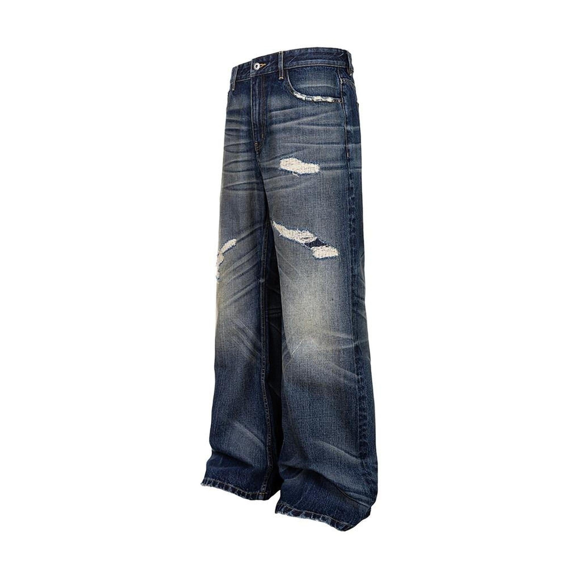 Mid Rise Distressed Relaxed Fit Cotton Button Fly Commuting Blue Wide Leg Jeans main image