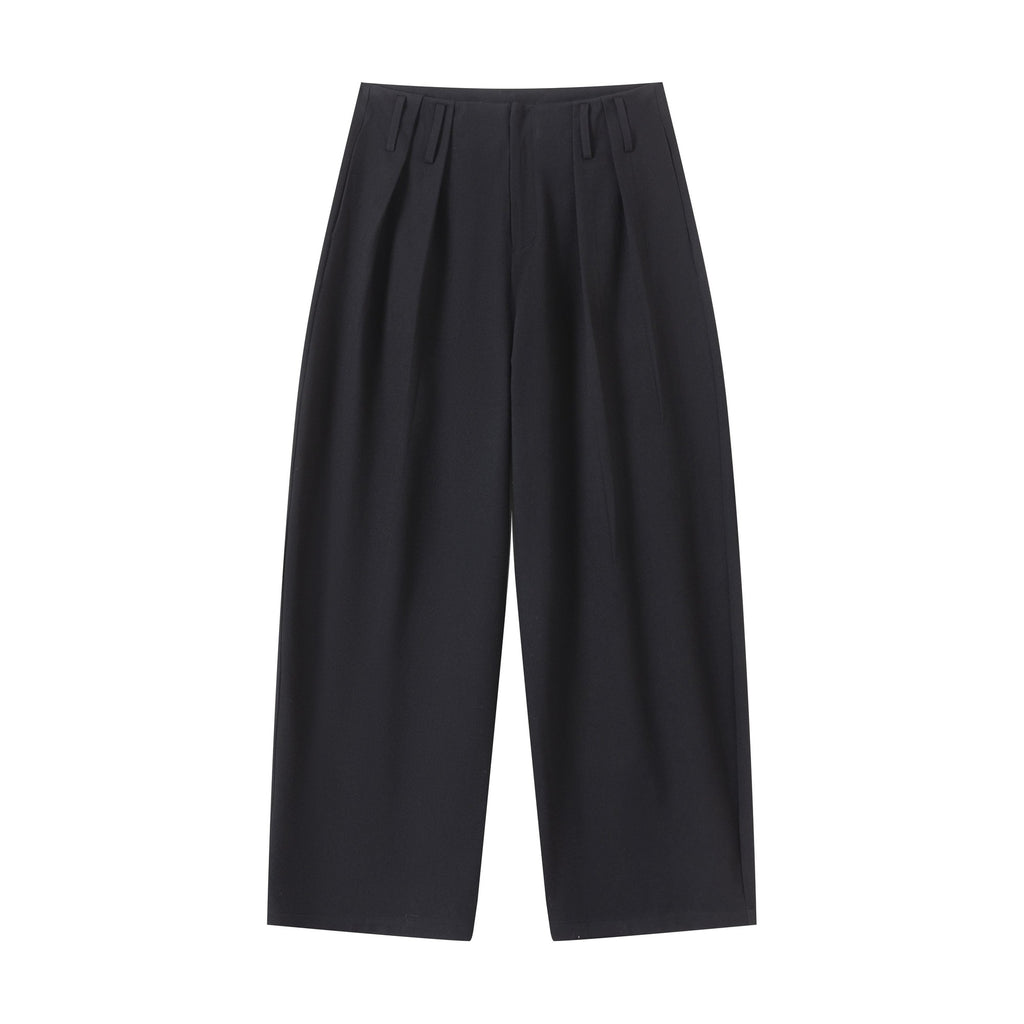 Non Fade Pleated Loose Mid Waist Retro Minimal Solid Dark Wide-Leg Trousers main image