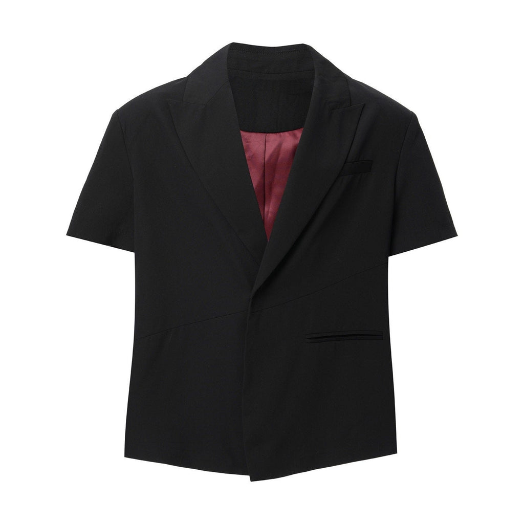 Non Iron Colorblock Relaxed Notch Lapel Black Polyester Short Sleeve Shirts main image