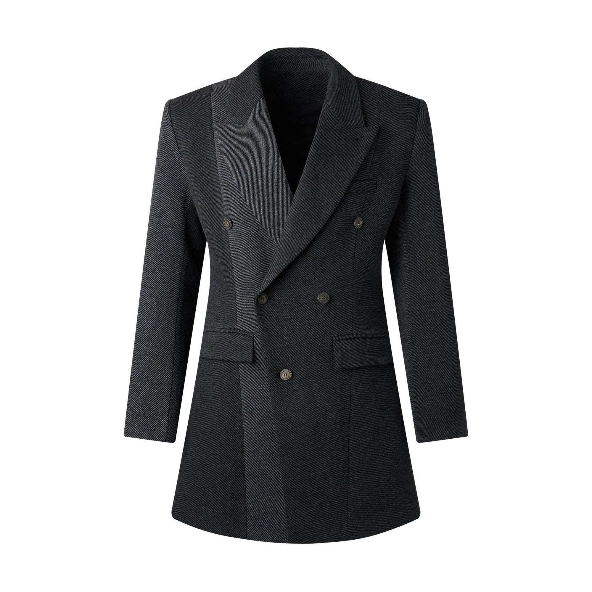 Non Iron Slim Fit Colorblock Peaked Lapel Double Breasted Black Gray Overcoats main image