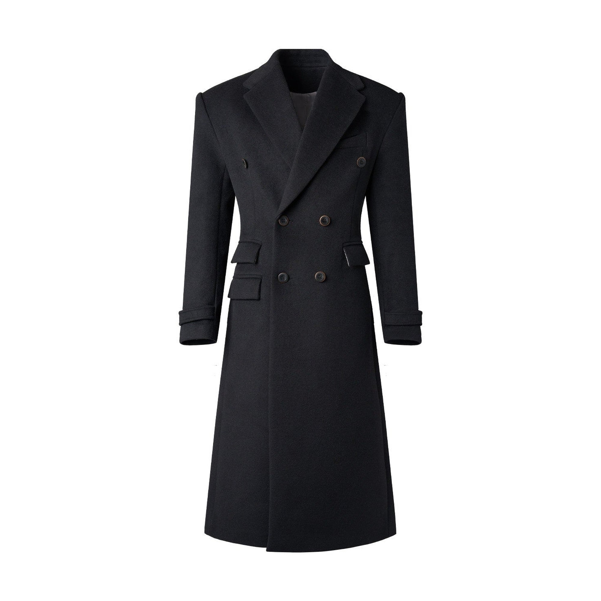 Non Iron Slim Fit Double Breasted Long Coat Flap Pockets Black Wool Coats main image