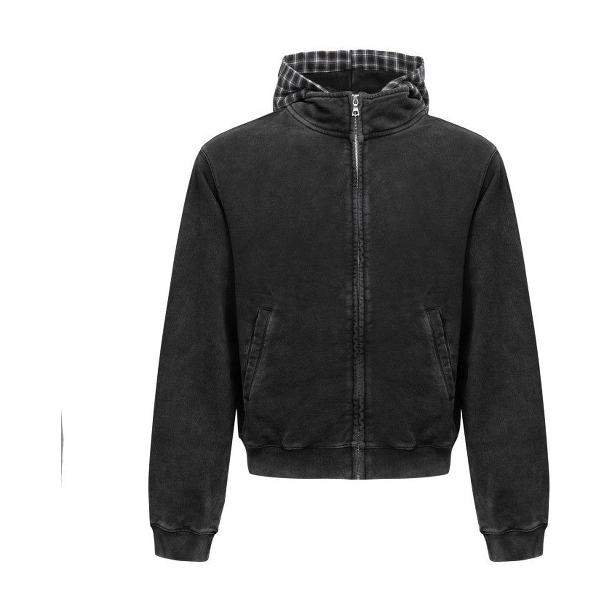 Plaid Stand Collar Loose Fit Trendy Unisex Casual Zip Up Black Hoodies main image