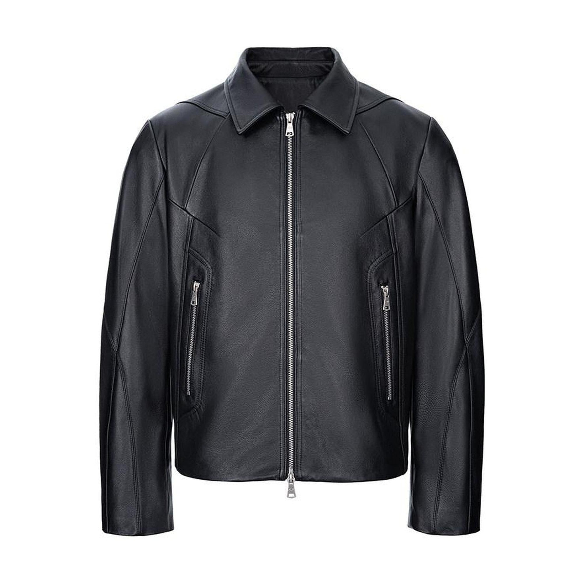 Premium Top Grain Cowhide Loose Fit Lapel Zipper Unisex Black Leather Jackets main image