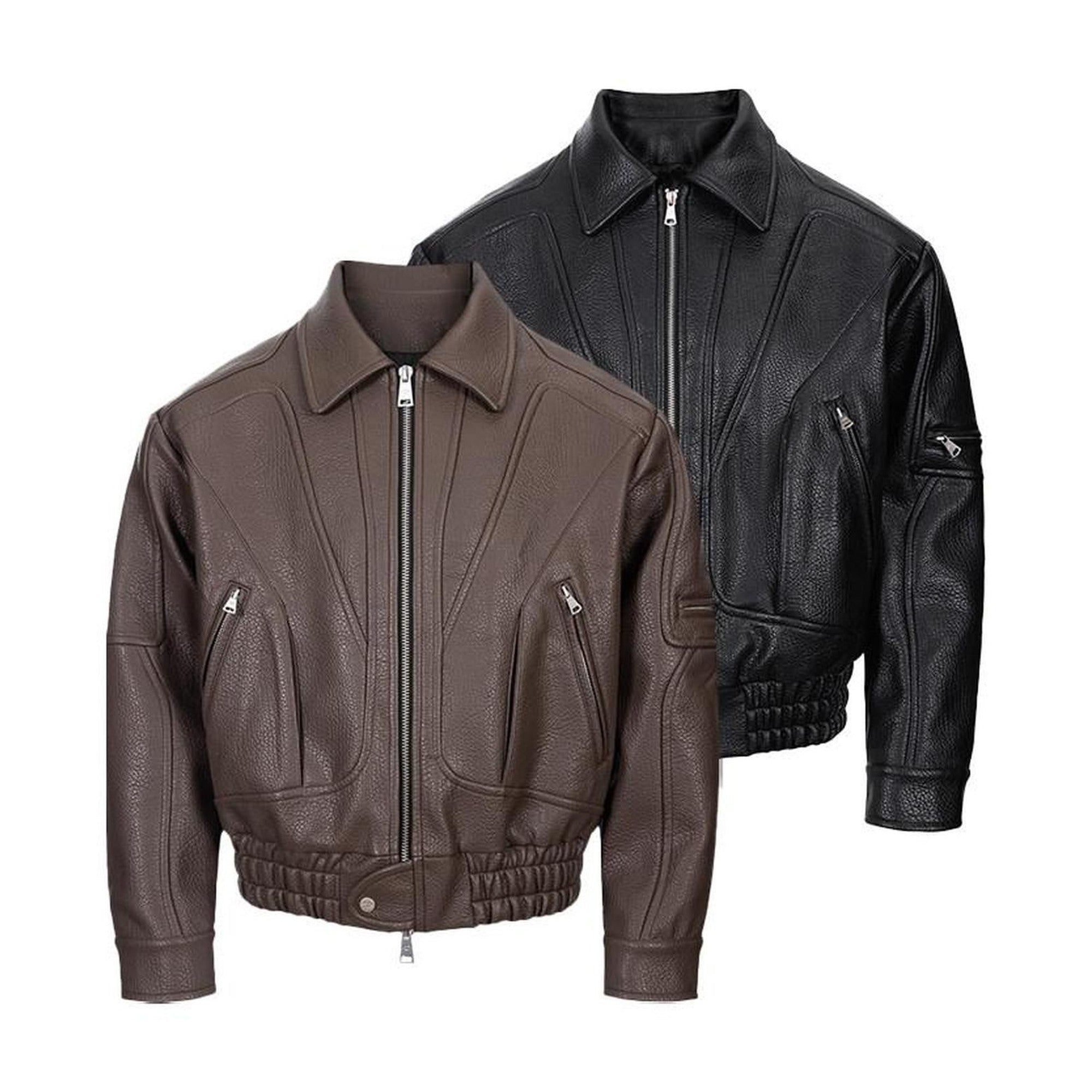 Pu Leather Relaxed Boxy 3D Paneling Lapel Zipper Unisex Cropped Jackets main image
