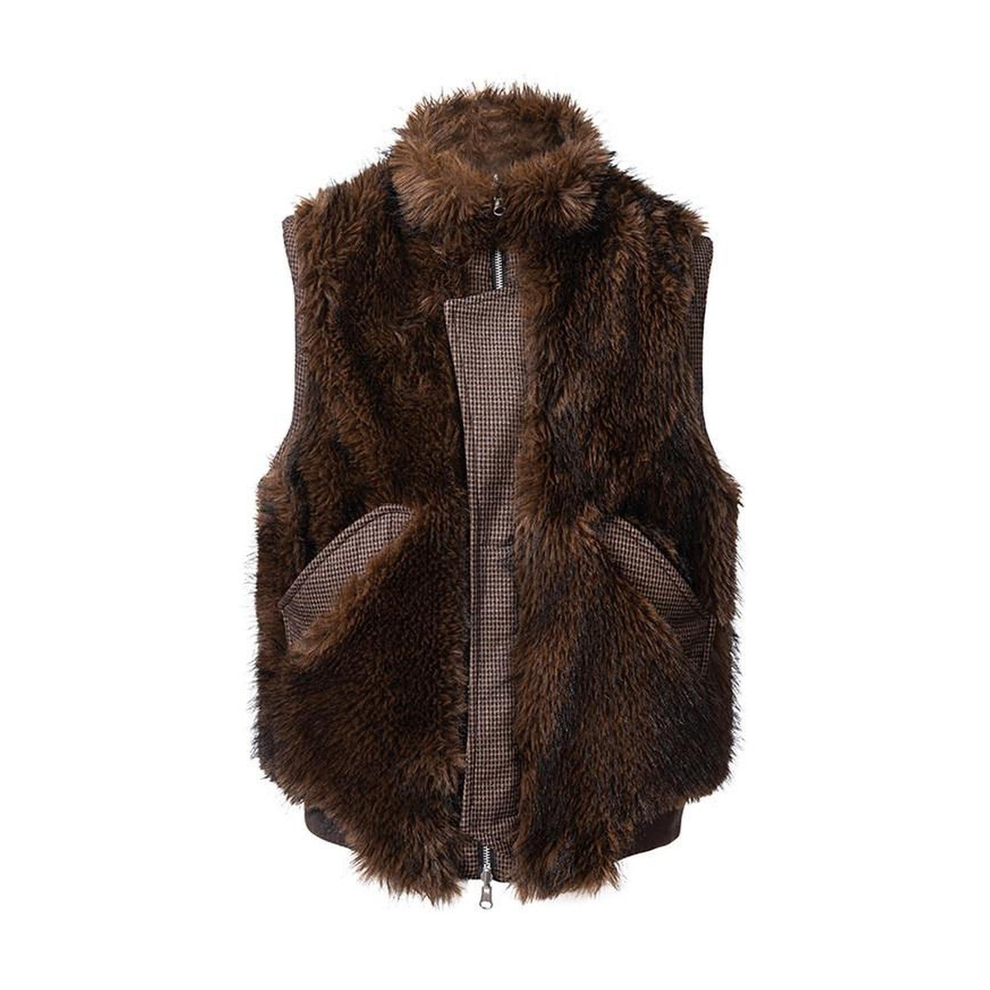 Reversible Loose Fit Stand Collar Zip Front Unisex Brown Casual Vests main image