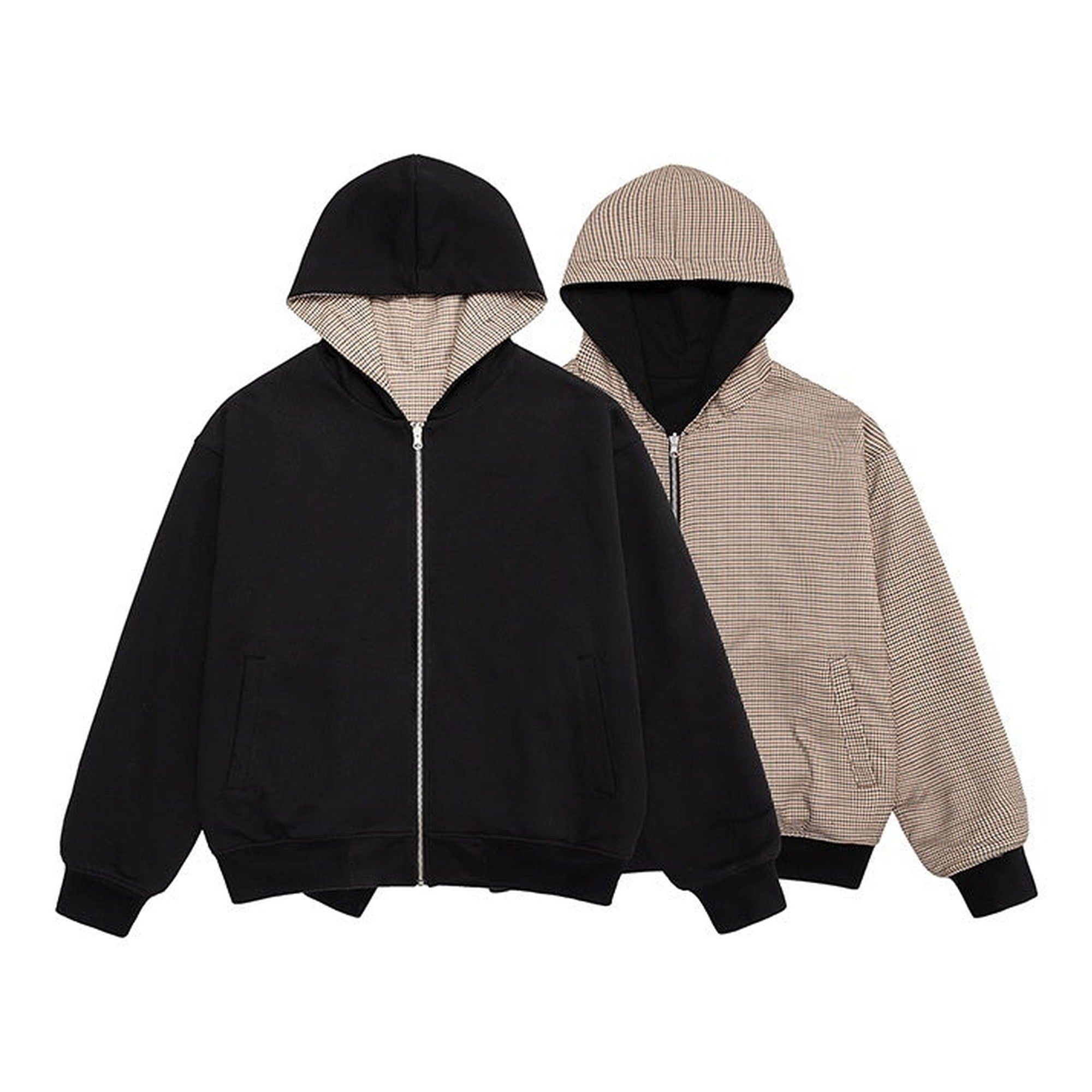 Reversible Oversized Zip Hooded Women Cotton Blend Houndstooth Hoodie main image