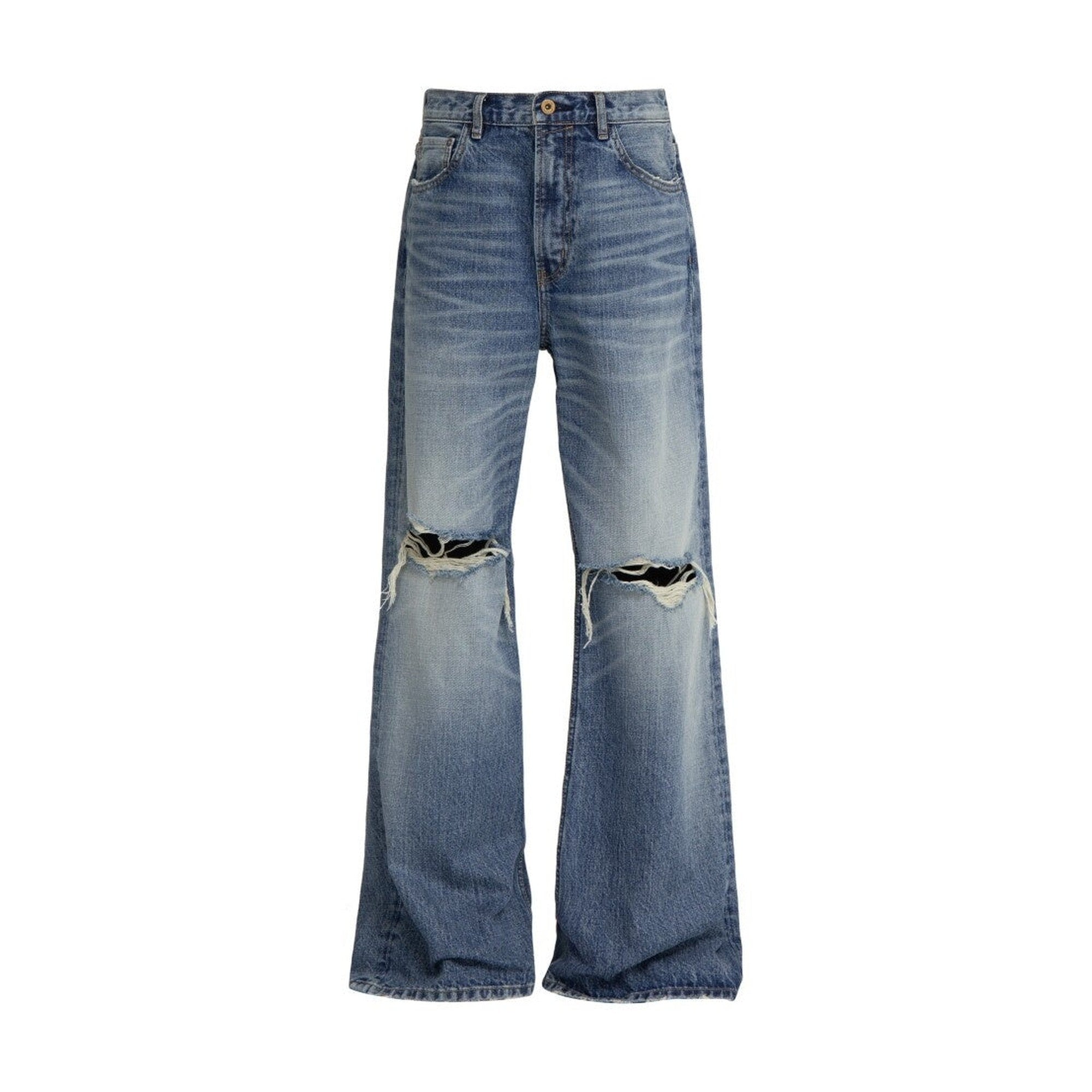 Ripped Washed Mid Rise Vintage Loose Denim Breathable Blue Straight-Leg Jeans main image