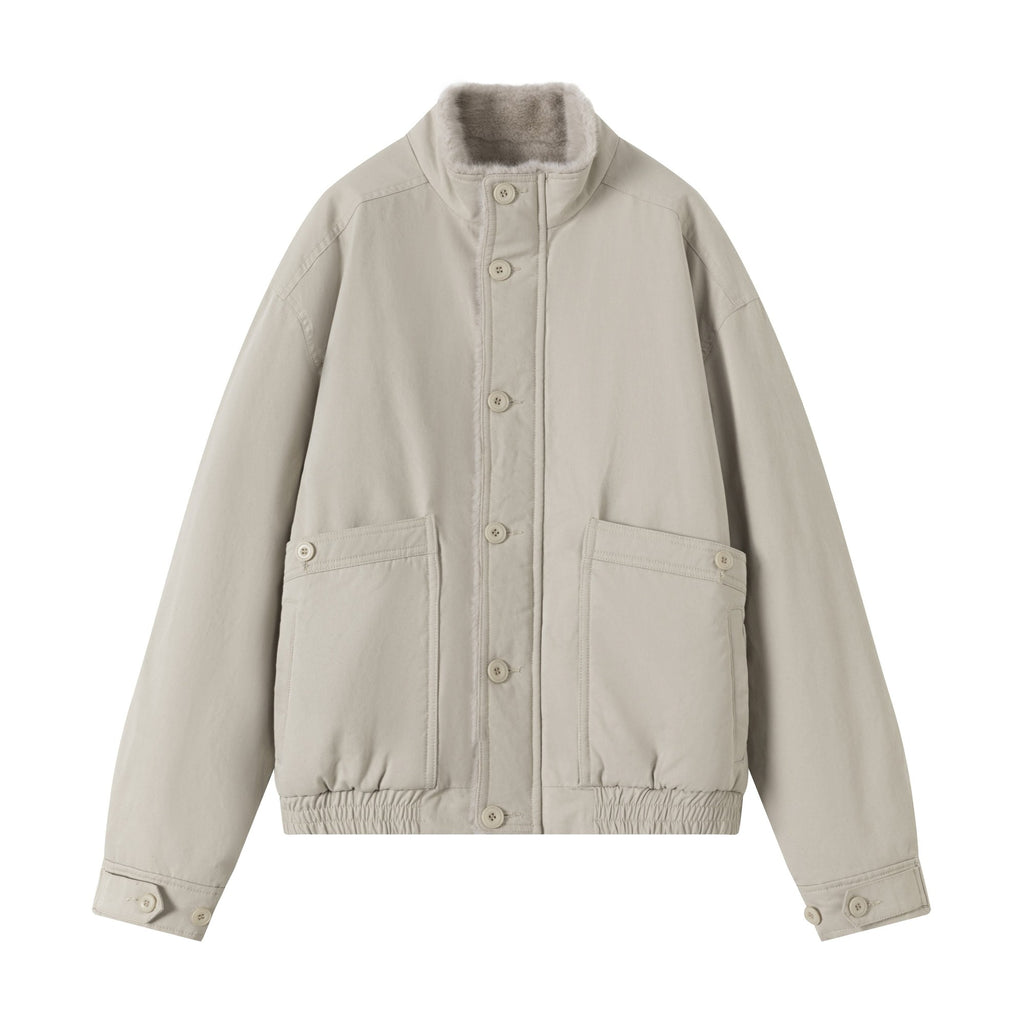 Ruched Cotton Filled Short Stand Collar Unisex Patch Pocket Puffer Jackets main image