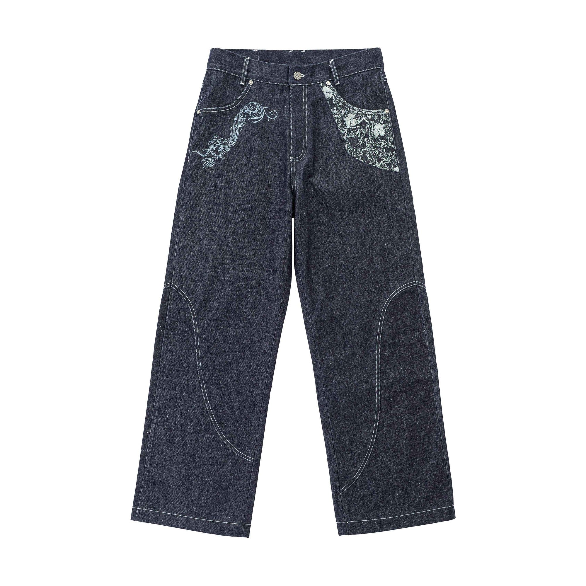 Selvedge Denim Patchwork Mid Rise Stainproof Loose Casual Straight Leg Jeans main image