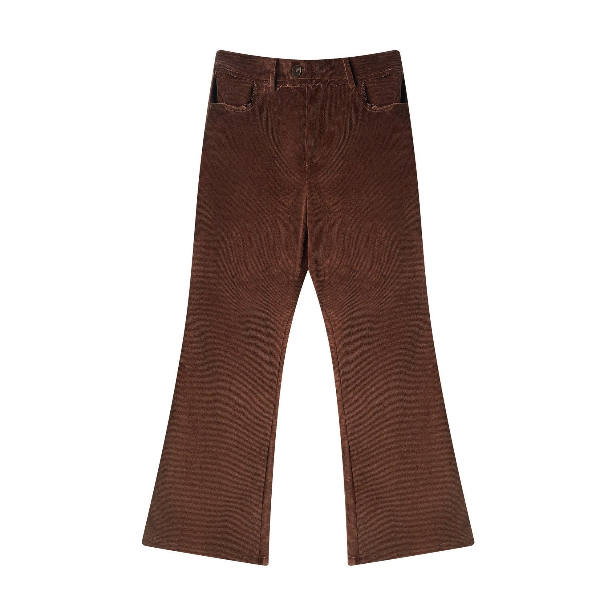 Slim Stretch Vintage Flared Distressed Brown Button Corduroy Casual Trousers main image