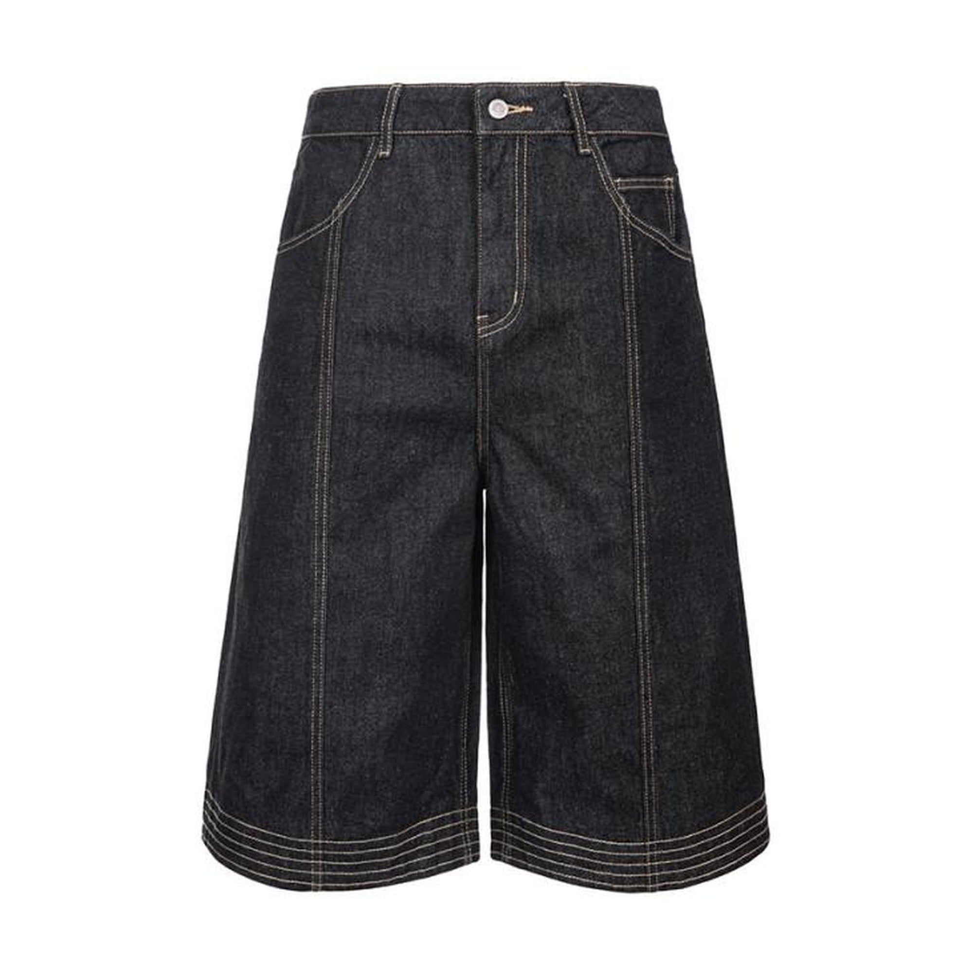 Thick Non Stretch Mid Rise Capri Length Streetwear Youth Black Denim Shorts main image