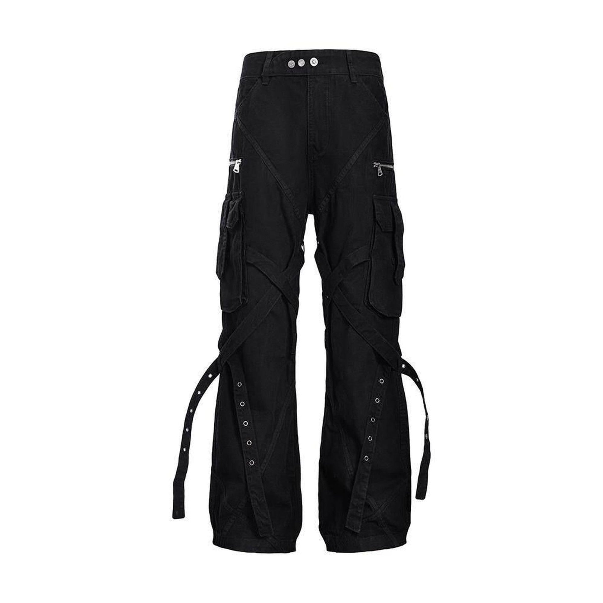Tie Detail Button Fly Loose Youth Casual Black Straight Pants main image
