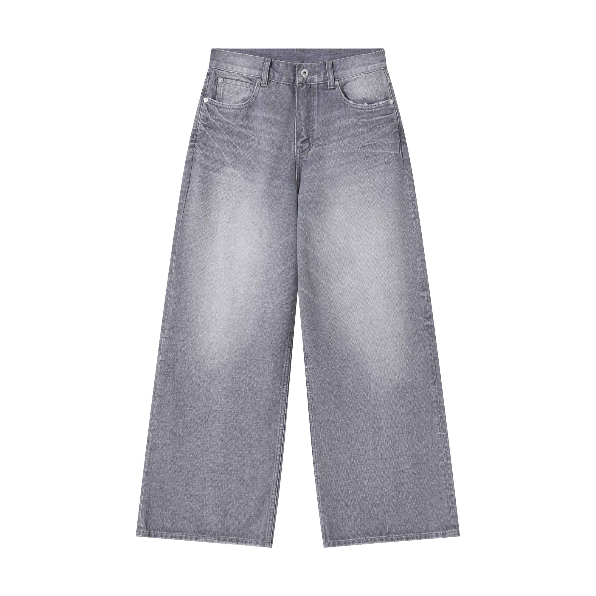 Vintage Distressed Washed Mid Rise Relaxed Unisex Grey Denim Straight-Leg Jeans main image