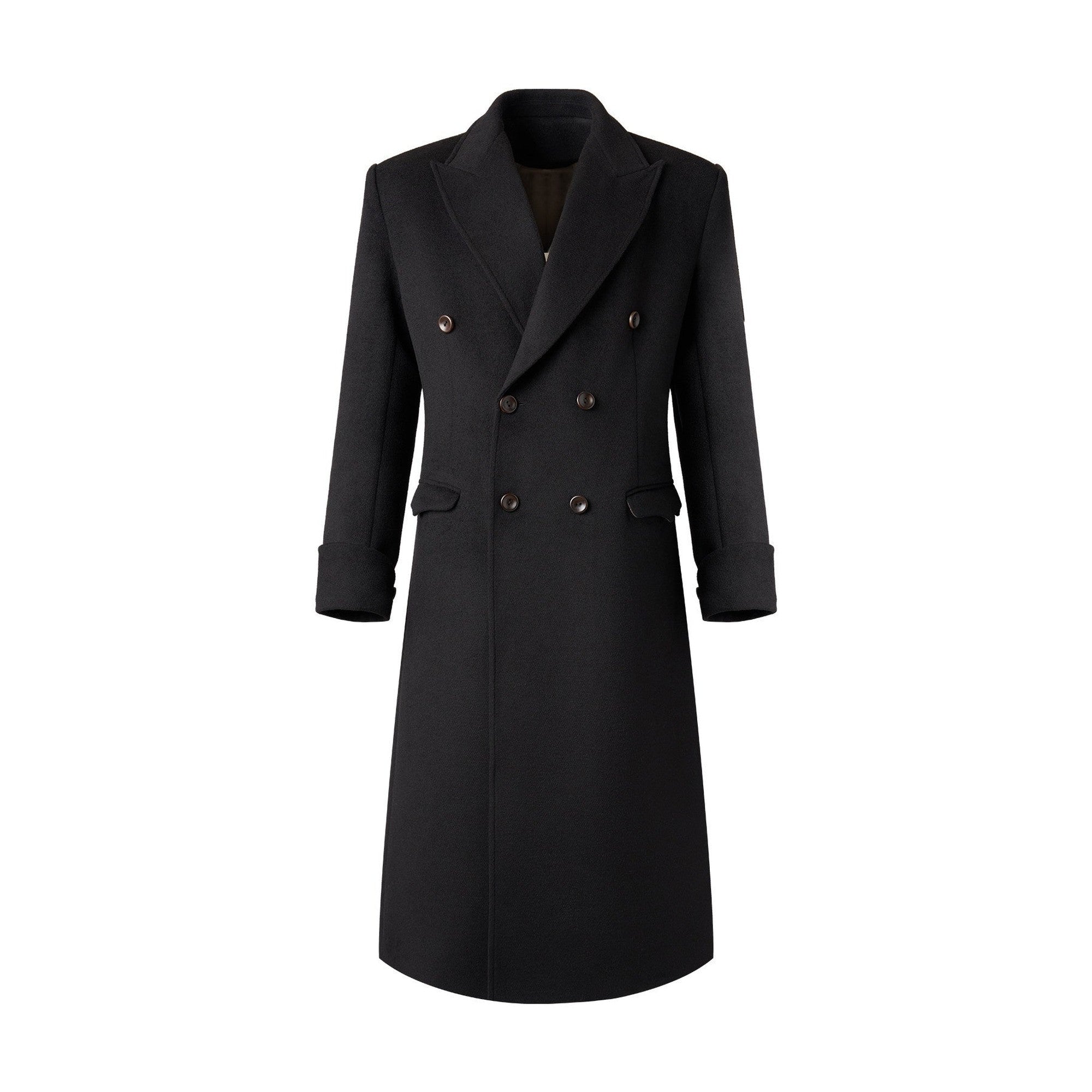 Warm Noniron Relaxed Doublebreasted Long Flap Pocket Black Wool Blazers main image