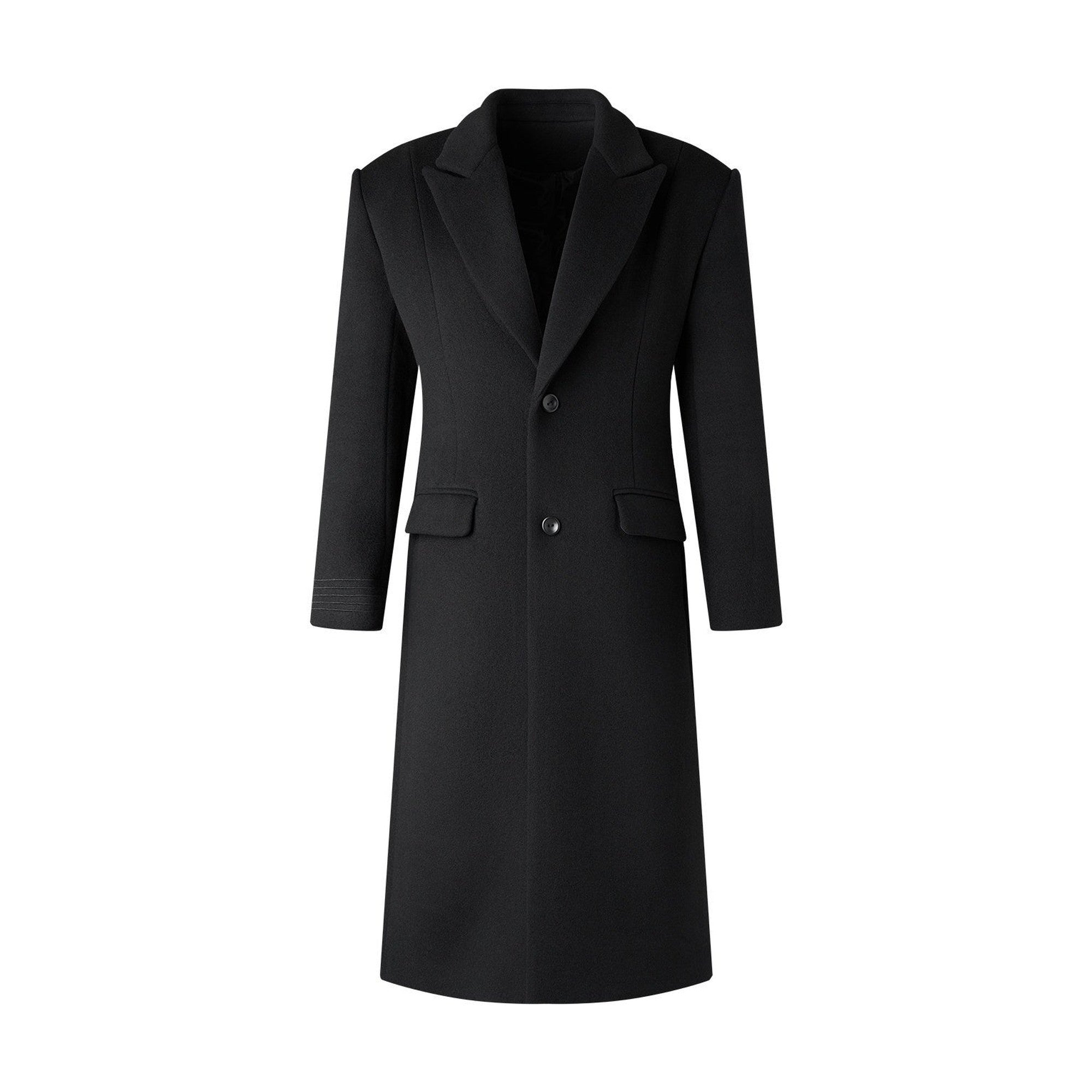 Warm Wool Blend Embroidered Button Slim Long Unisex Urban Black Lapel Overcoats main image