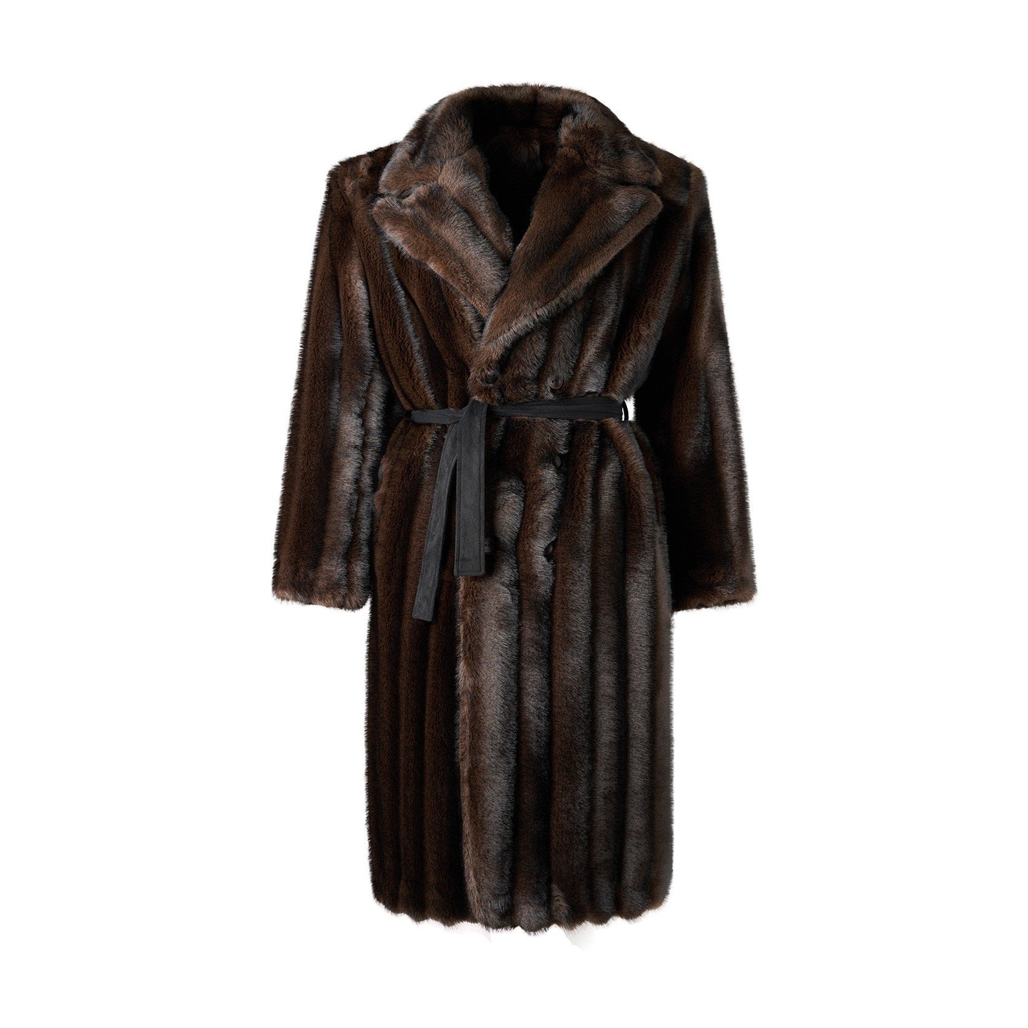 Warm Wrinklefree Long Loose Lapel Slash Pockets Youth Dark Brown Faux Fur Coats main image