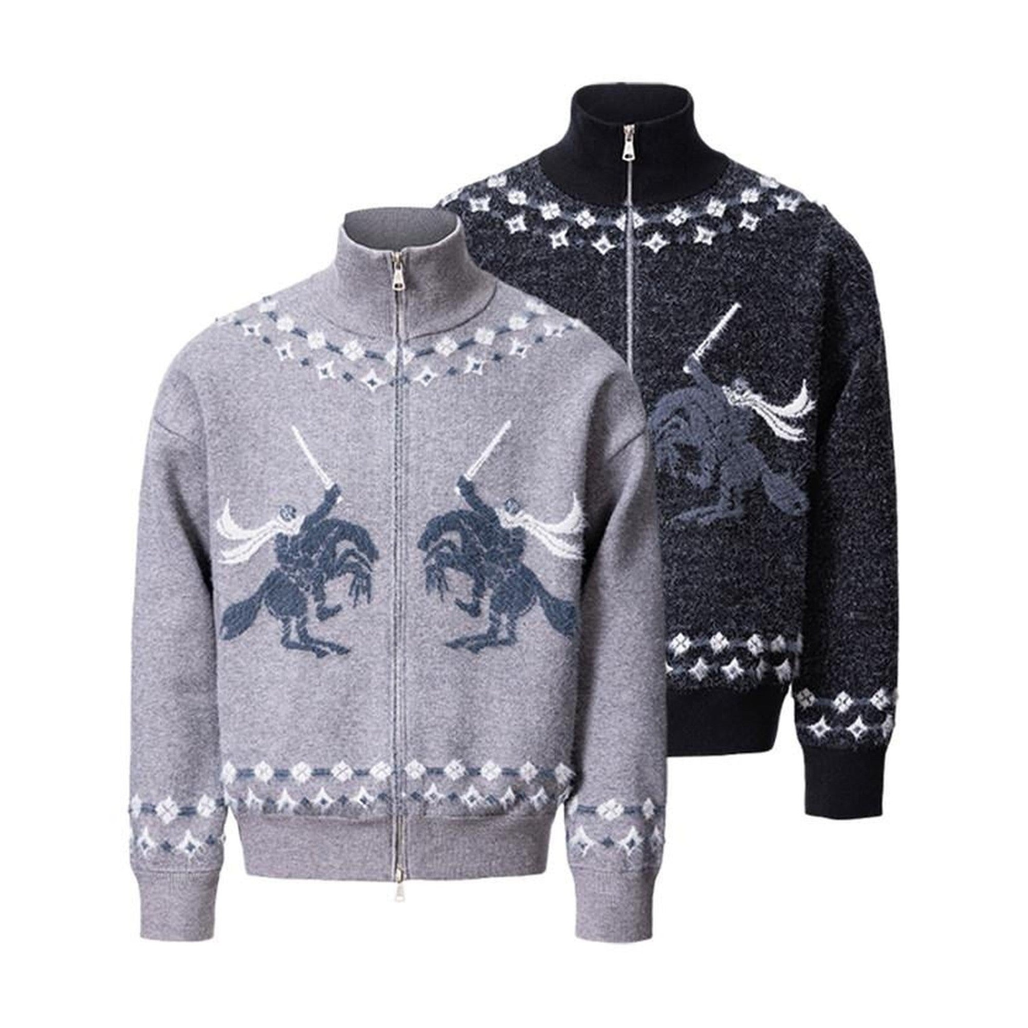 Warm Zippered Stand Collar Casual Unisex Knitwear Sword Pattern Cardigans main image