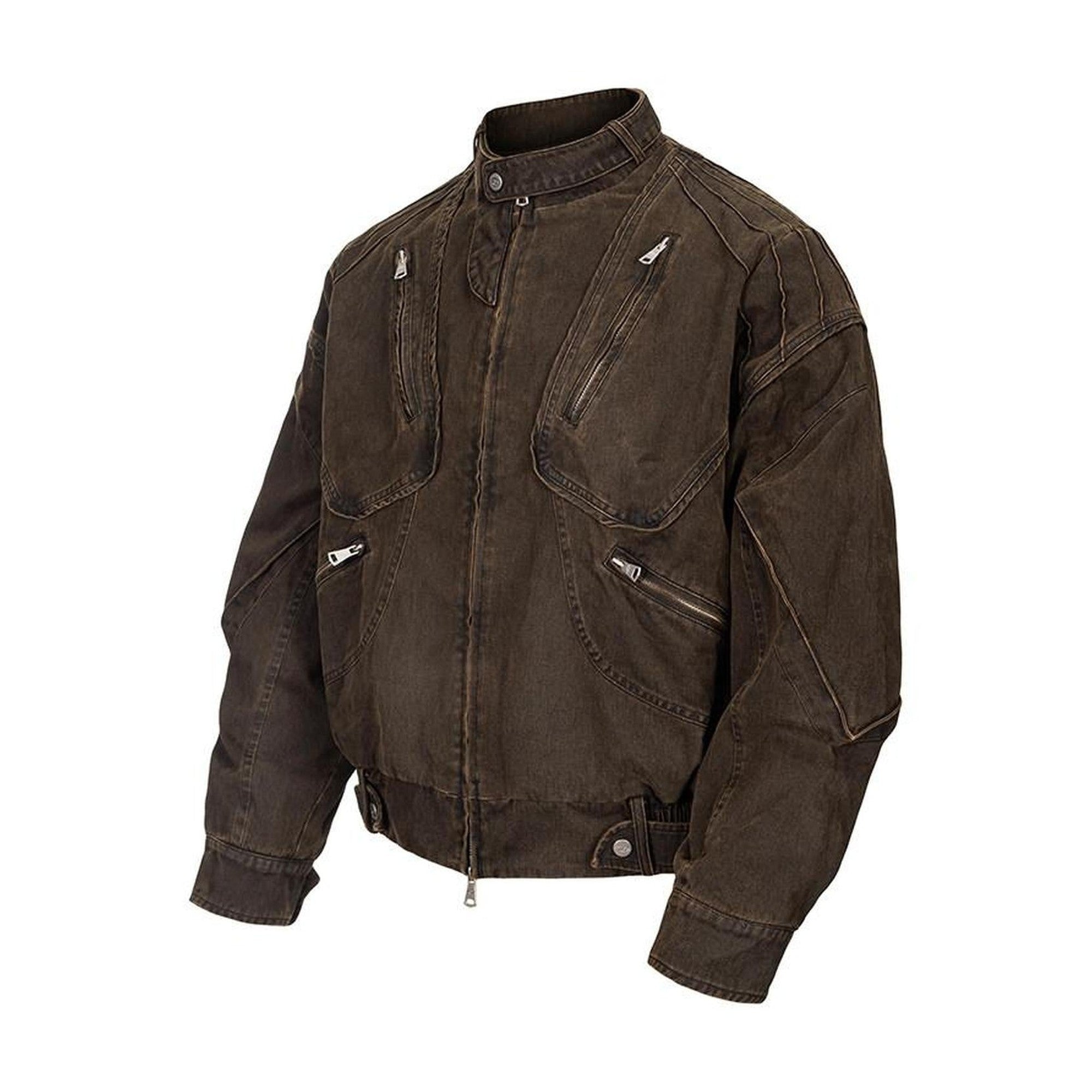 Washed 100 Percent Cotton Relaxed Fit Lapel Zipper Unisex Brown Cropped Jackets main image