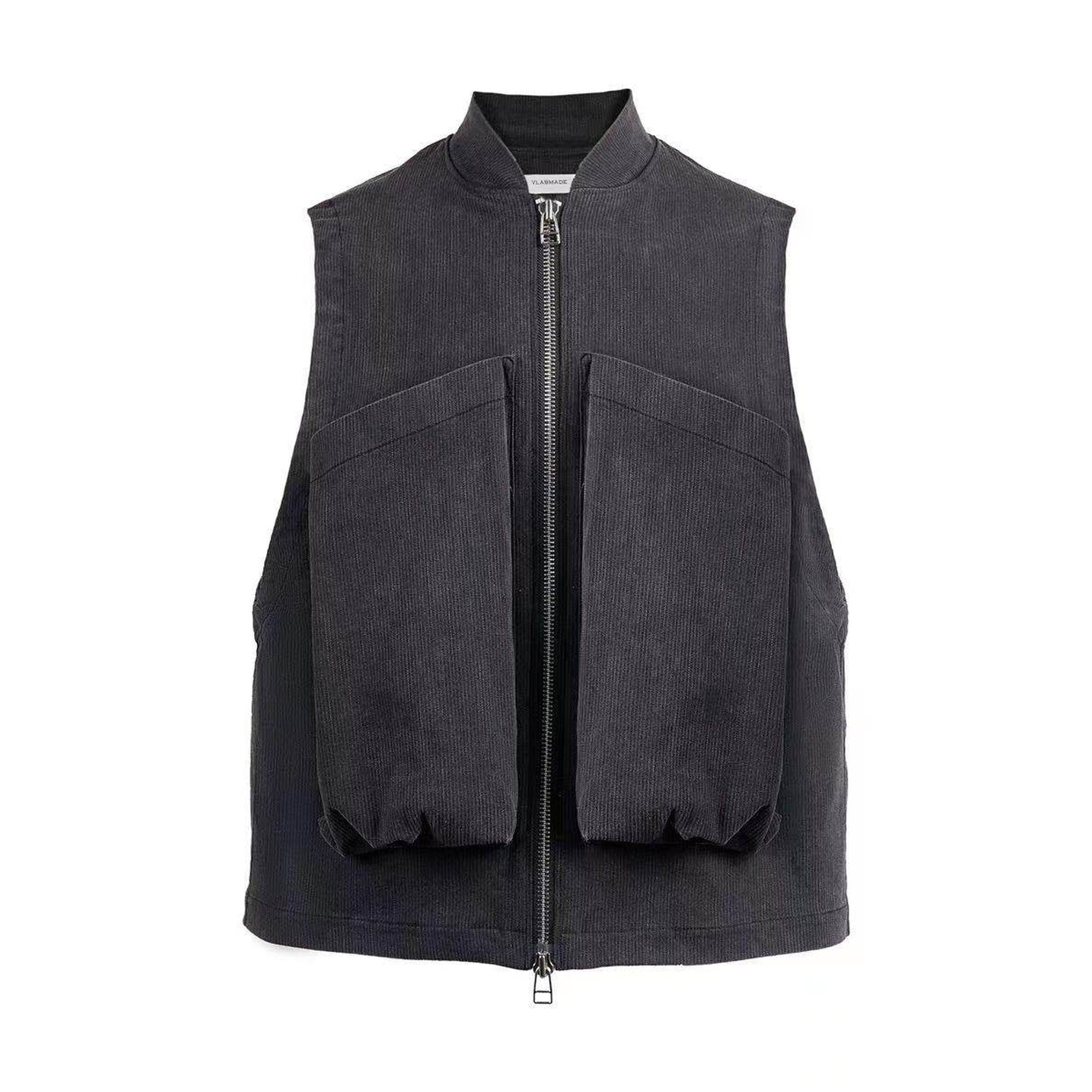 Washed Cotton Blend Loose Stand Collar Zipper Patch Pocket Youth Work Vests main image