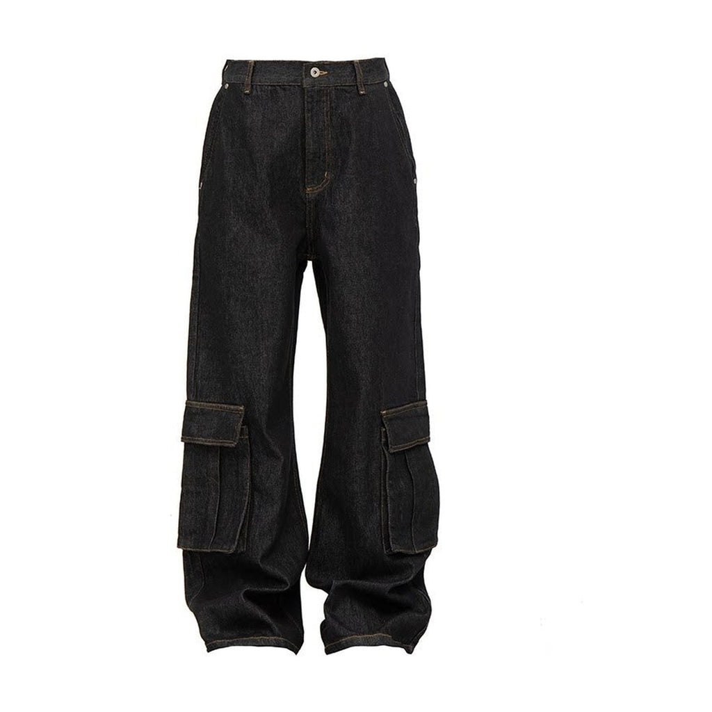 Washed Denim Mid Rise Flare Pockets Breathable Vintage Blue Wide Cargo Pants main image