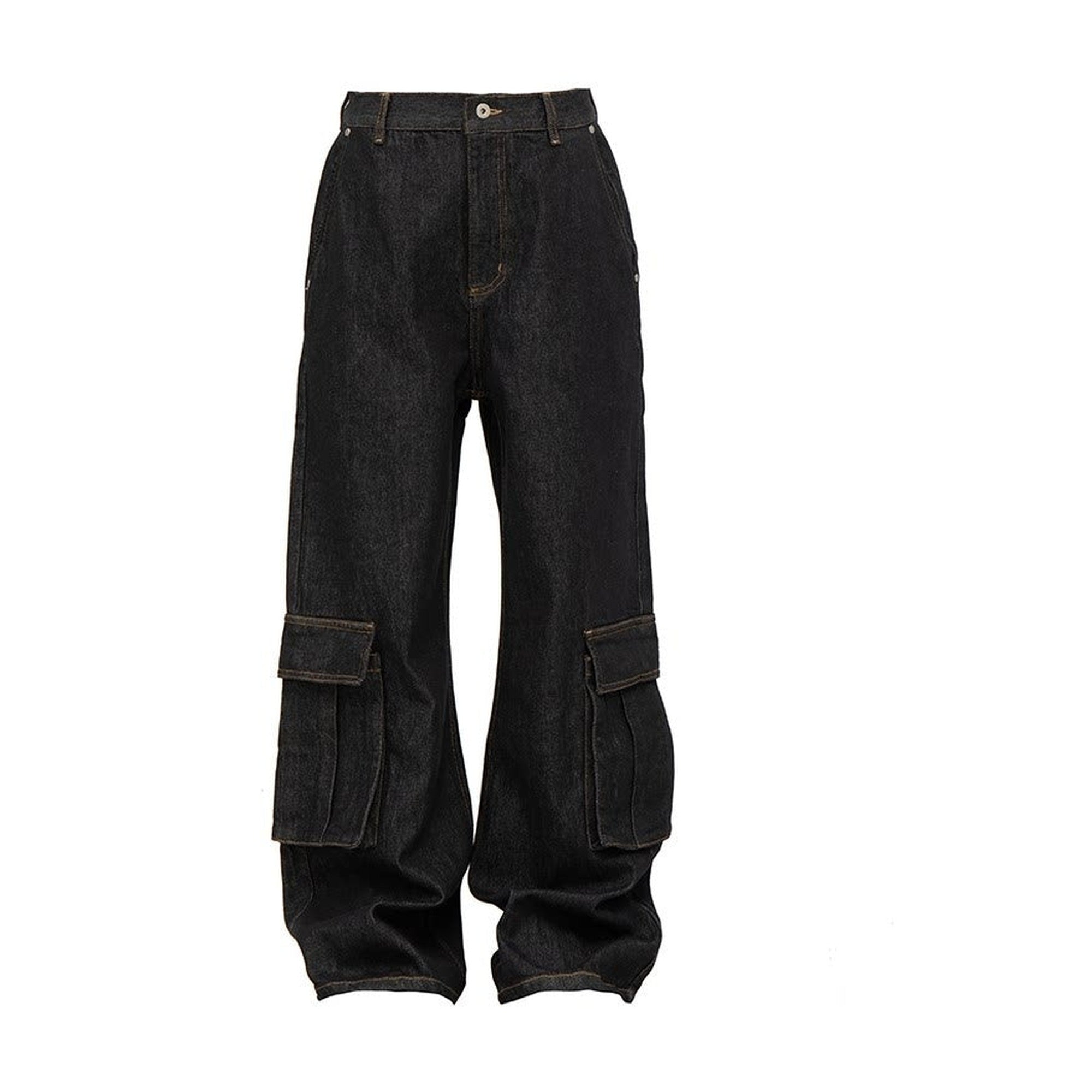 Washed Denim Mid Rise Flare Pockets Breathable Vintage Blue Wide Cargo Pants main image