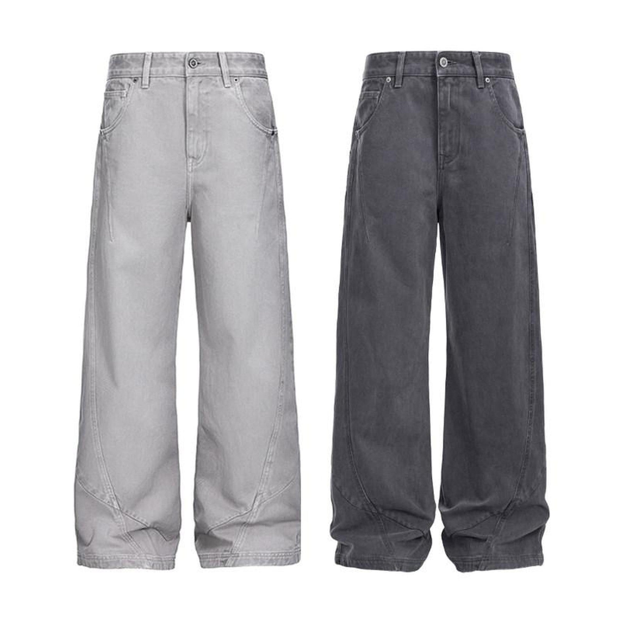 Washed Mid Rise Relaxed Fit Casual Youth Button Fly Black Gray Wide Leg Jeans main image