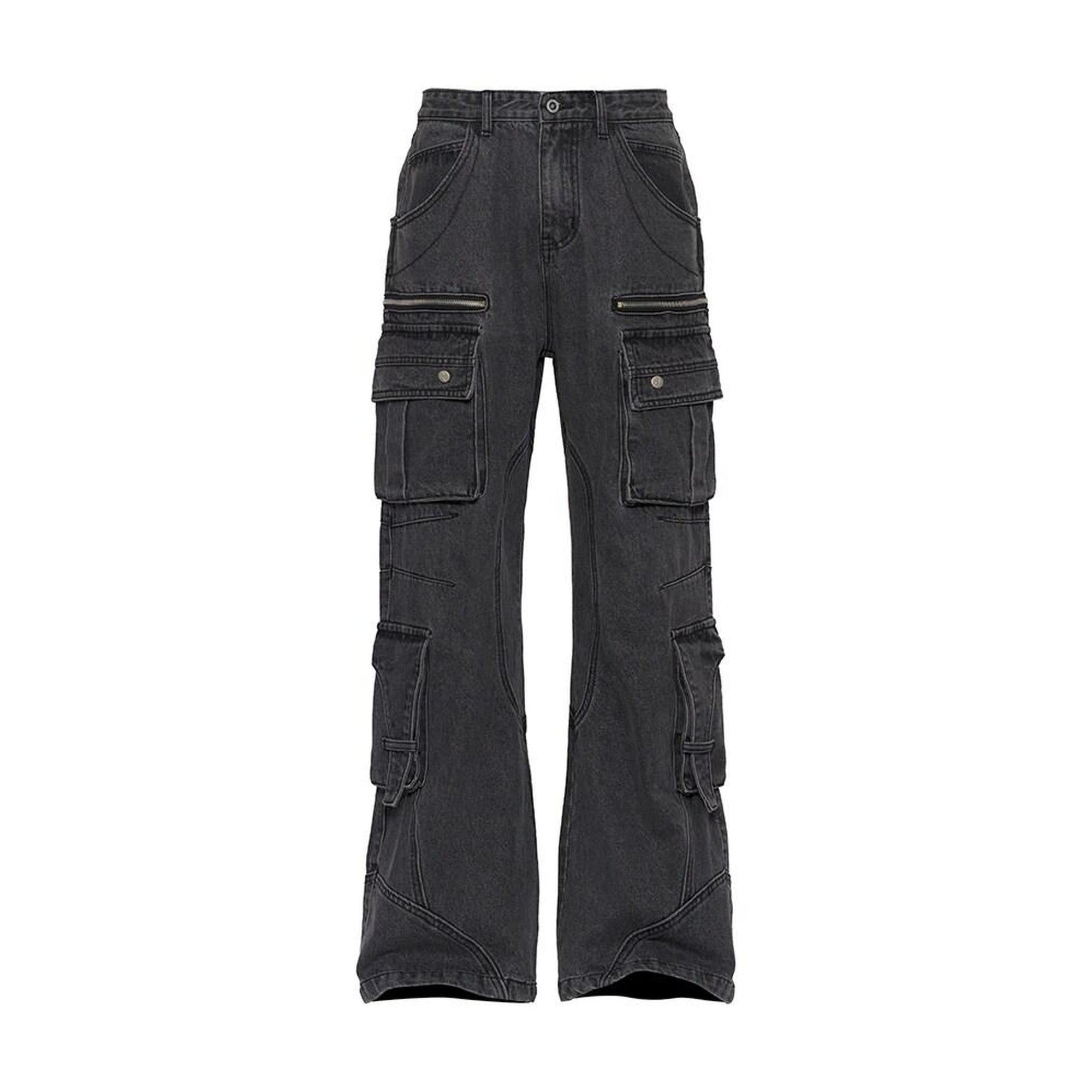 Washed Multi Pocket Mid Rise Cargo Denim Black Grey Straight Leg Jeans main image