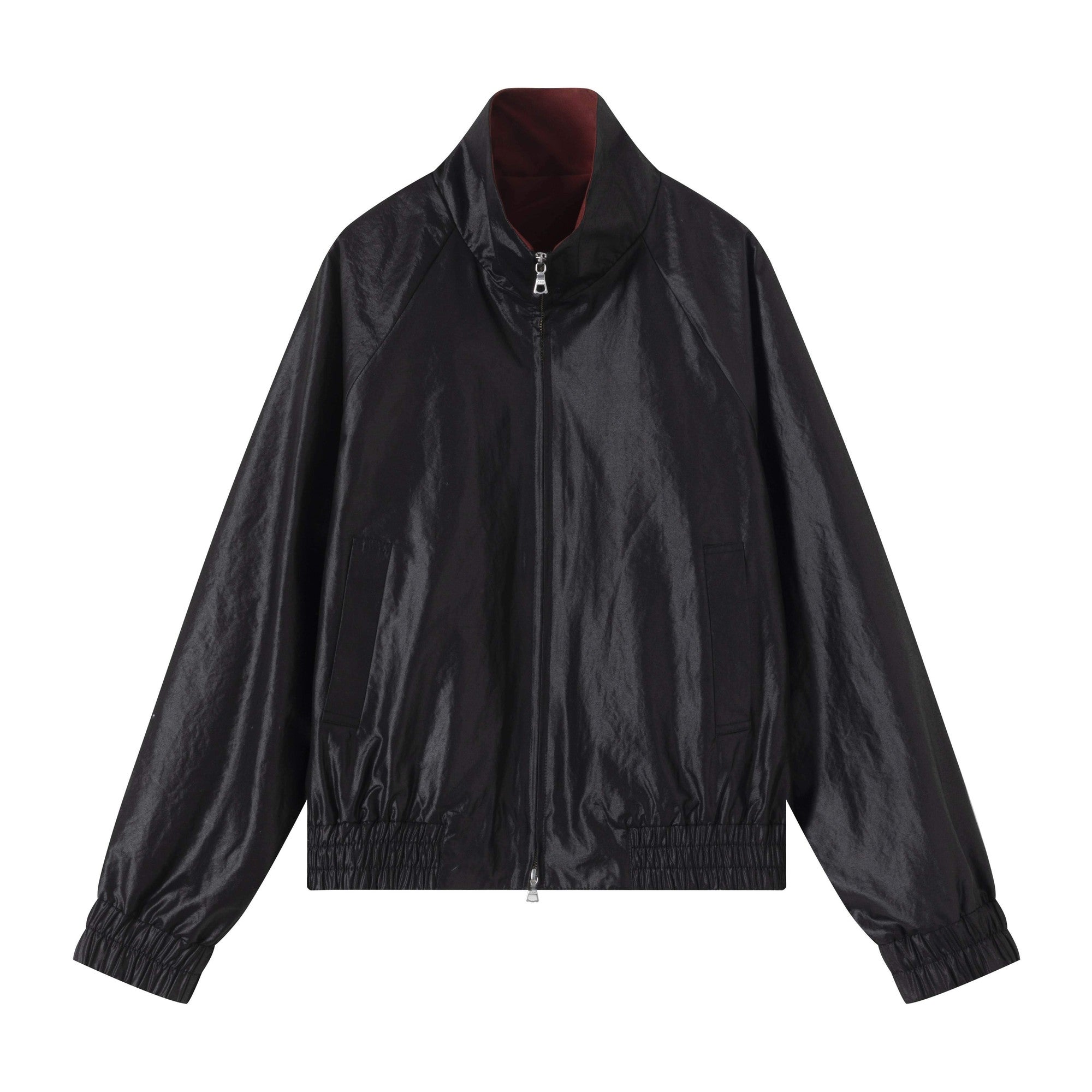 Windproof Silky Colorblock Loose Fit Unisex Zip Short Elastic Hem Track Jackets main image