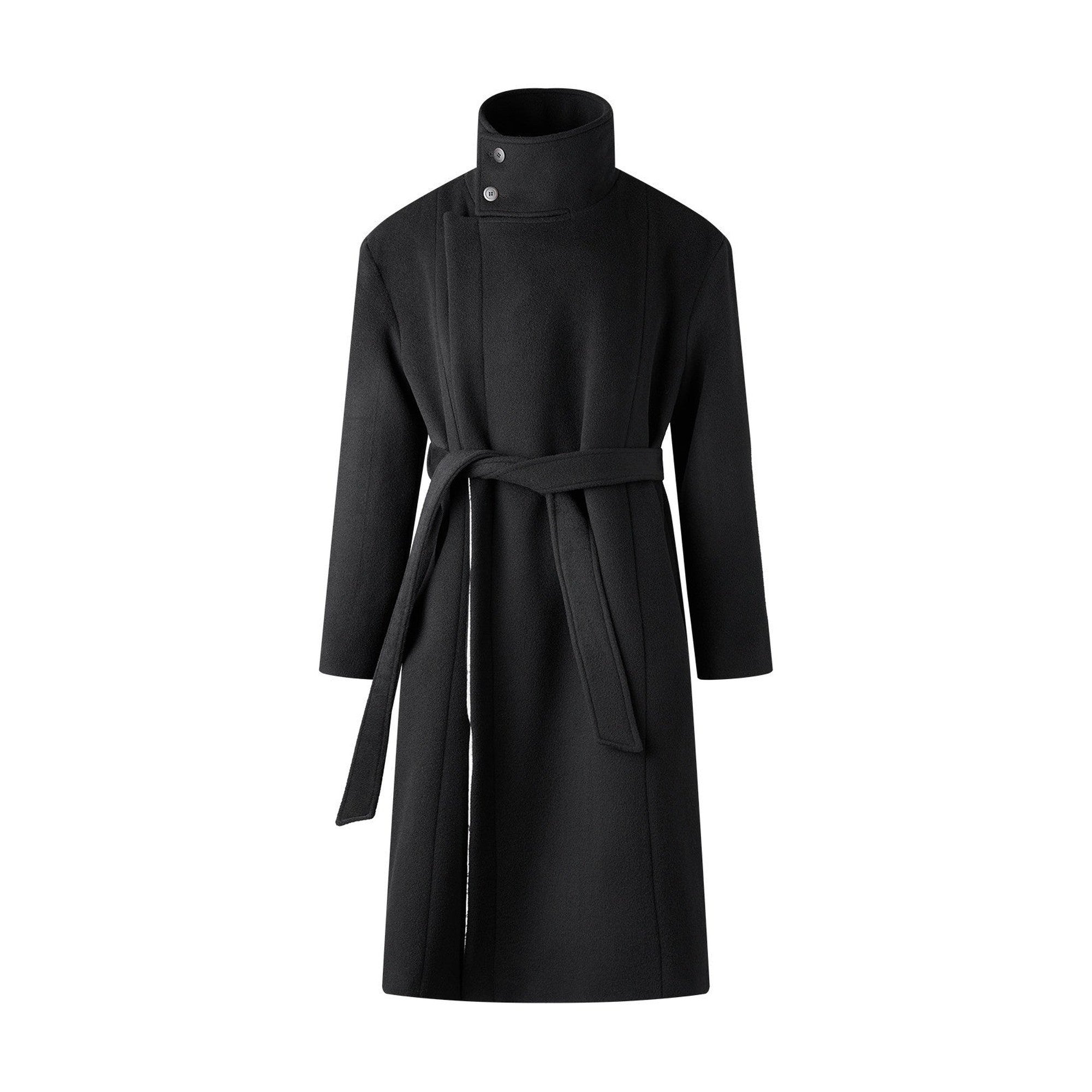 Wrinkle Free 100% Wool Warm Loose Fit Tie Belt Stand Collar Unisex Wool Coats main image