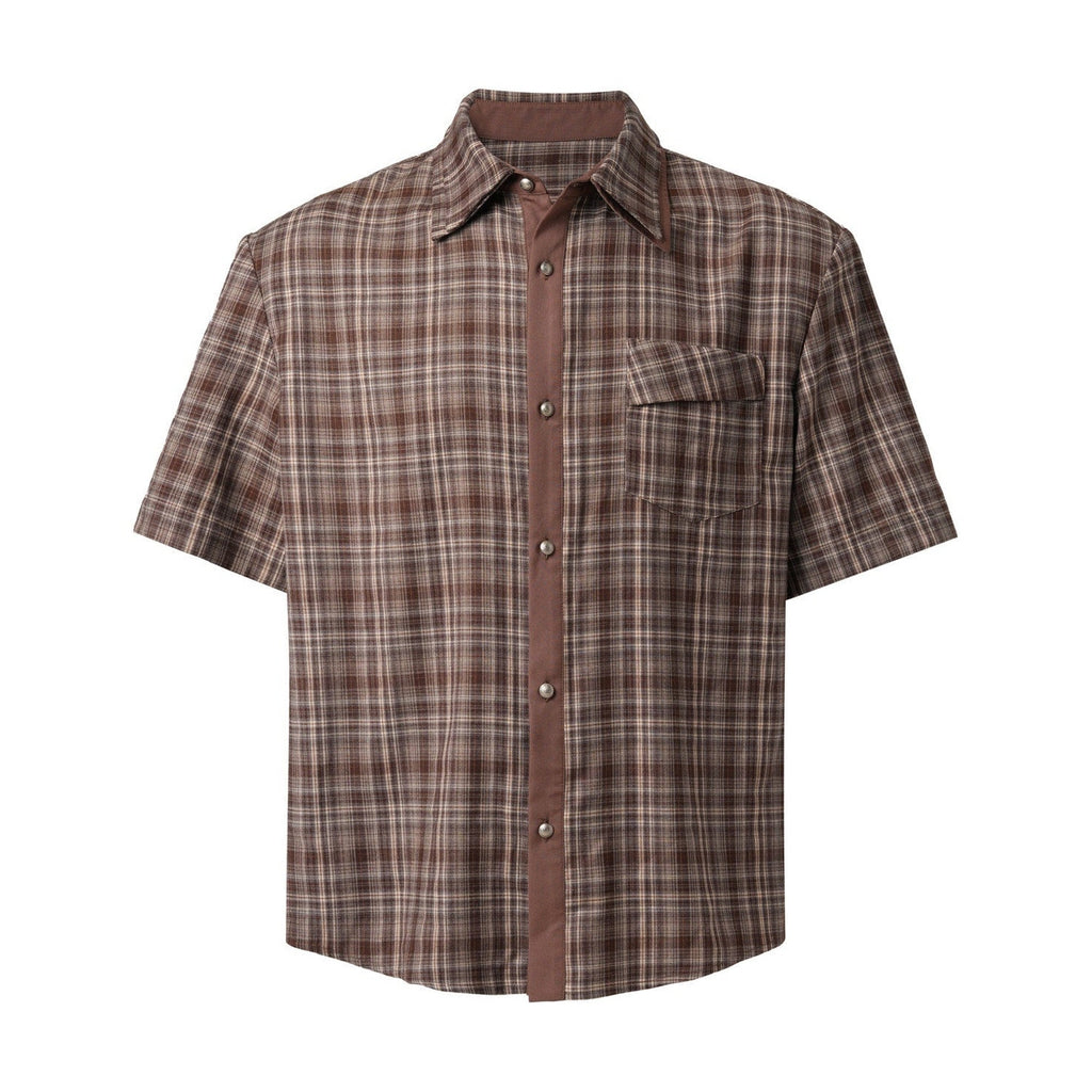 Wrinkle Free Loose Fit Patchwork Plaid Collared Unisex Short Sleeve Shirts main image