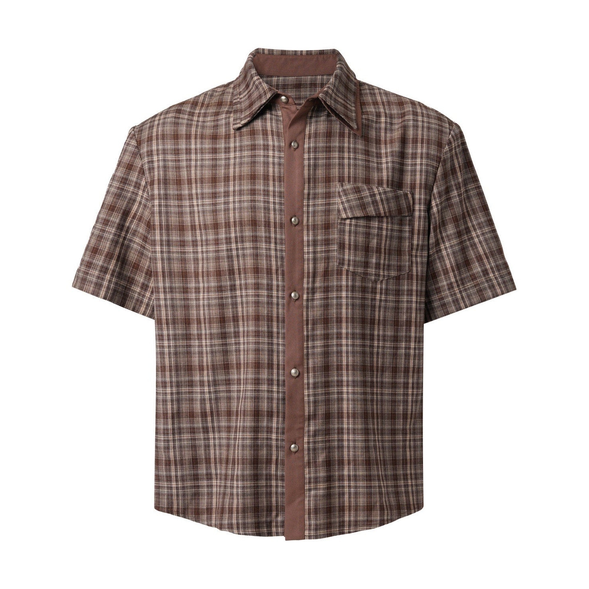 Wrinkle Free Loose Fit Patchwork Plaid Collared Unisex Short Sleeve Shirts main image