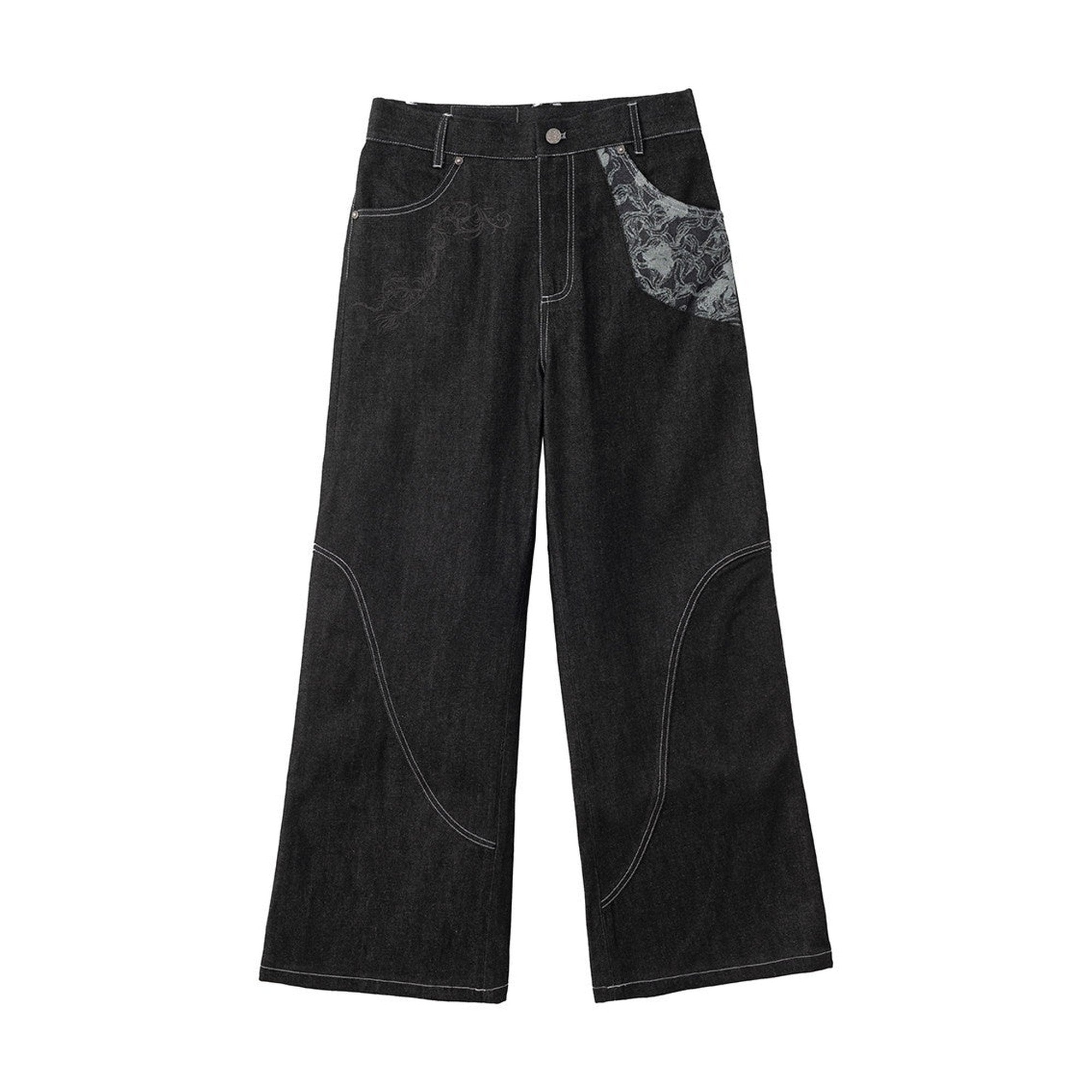 Wrinkle Free Selvedge Denim Mid Rise Loose Wide Patchwork Casual Flared Jeans main image